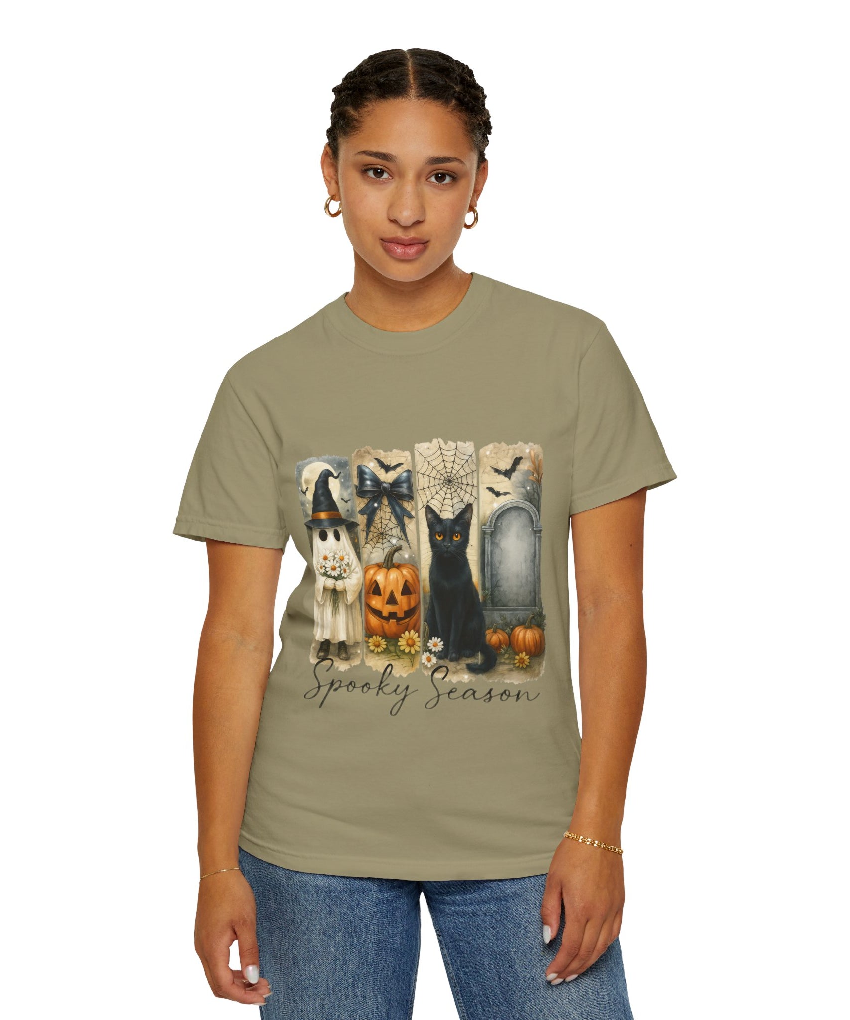 Spooky Season Halloween Unisex T-Shirt – Ghost, Black Cat & Pumpkin Design - Gallory Hive
