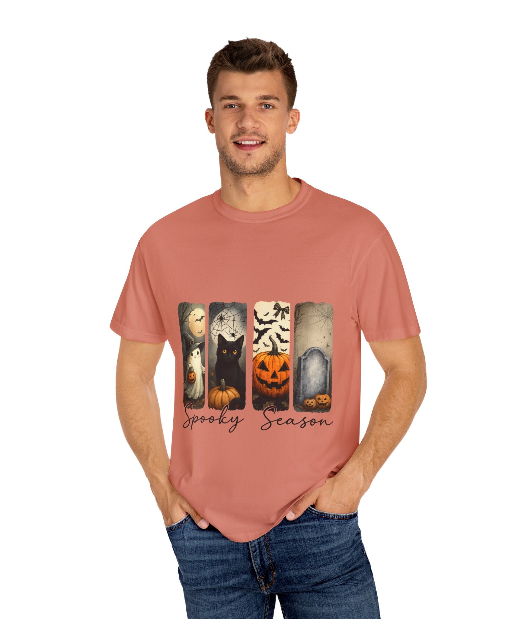 Halloween Night Unisex T-Shirt – Ghost, Black Cat, Pumpkin & Tombstone Vintage Art - Gallory Hive
