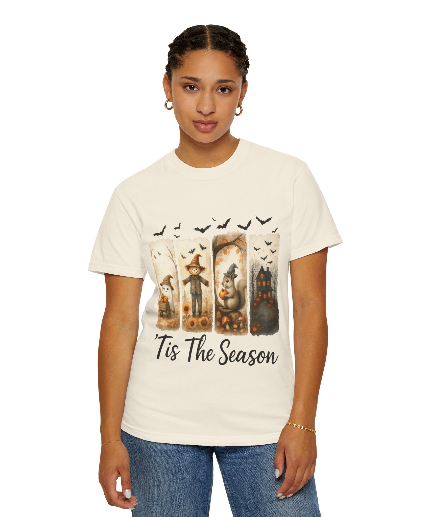 Tis The Season Fall Halloween T-Shirt – Cute Ghost, Scarecrow, Squirrel & Haunted House Design - Gallory Hive