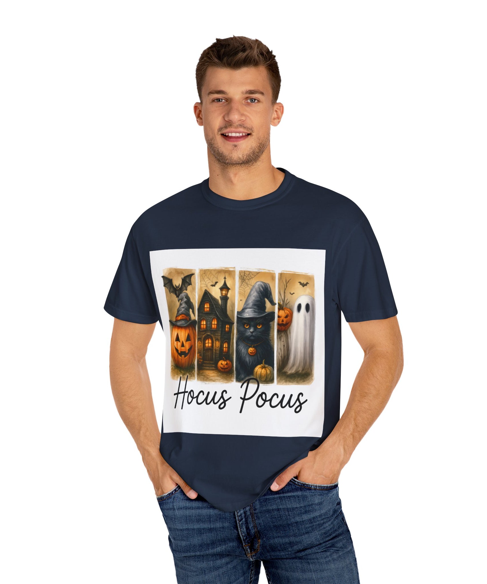 Hocus Pocus Halloween Unisex T-Shirt – Witchy Cat, Haunted House, Pumpkin & Ghost Art - Gallory Hive