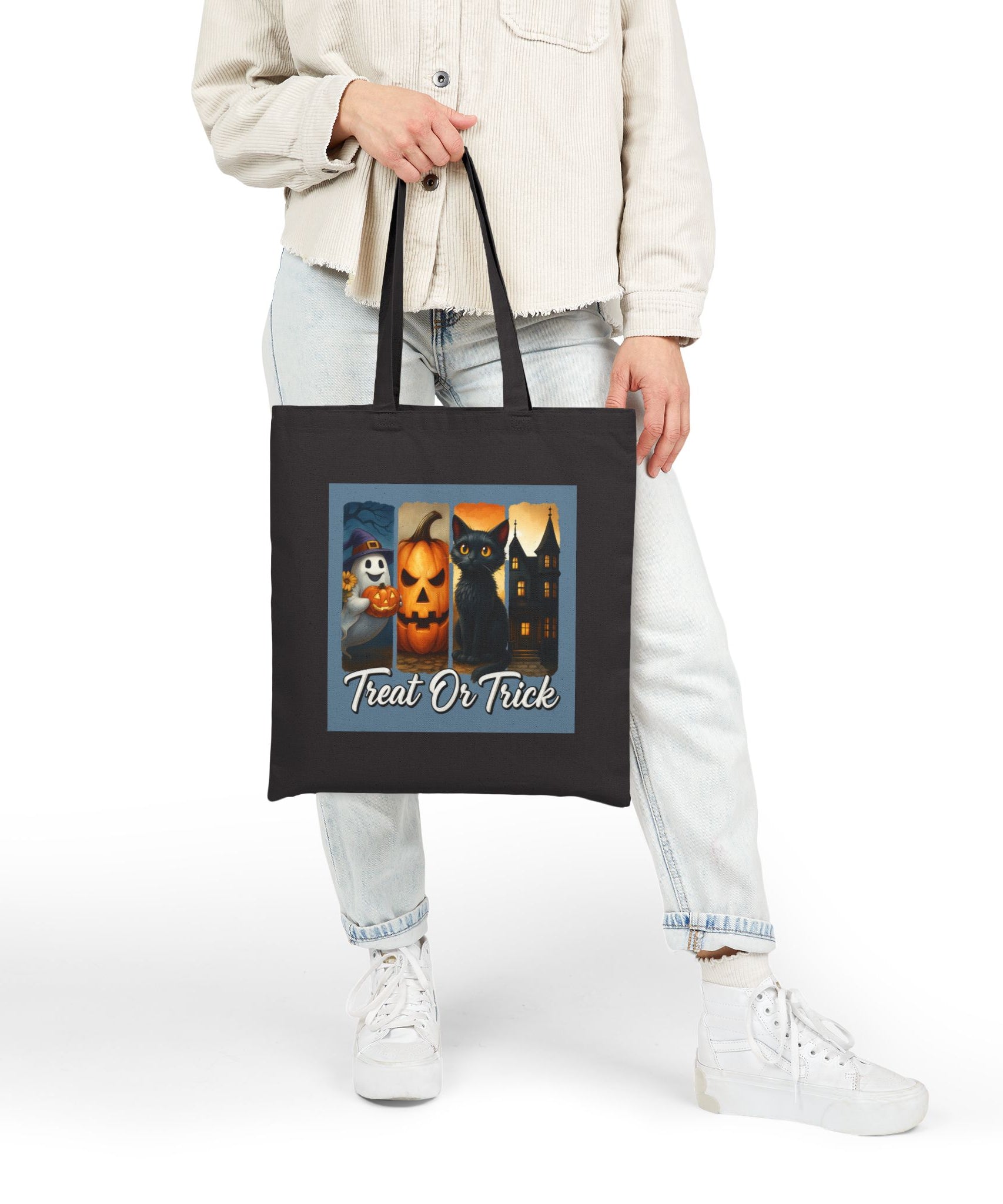 Halloween Tote Bag, Treat or Trick Cotton Bag, Spooky Season Reusable Shopper, Autumn Gift, Haunted House Tote, Cat Lover's Bag - Gallory Hive