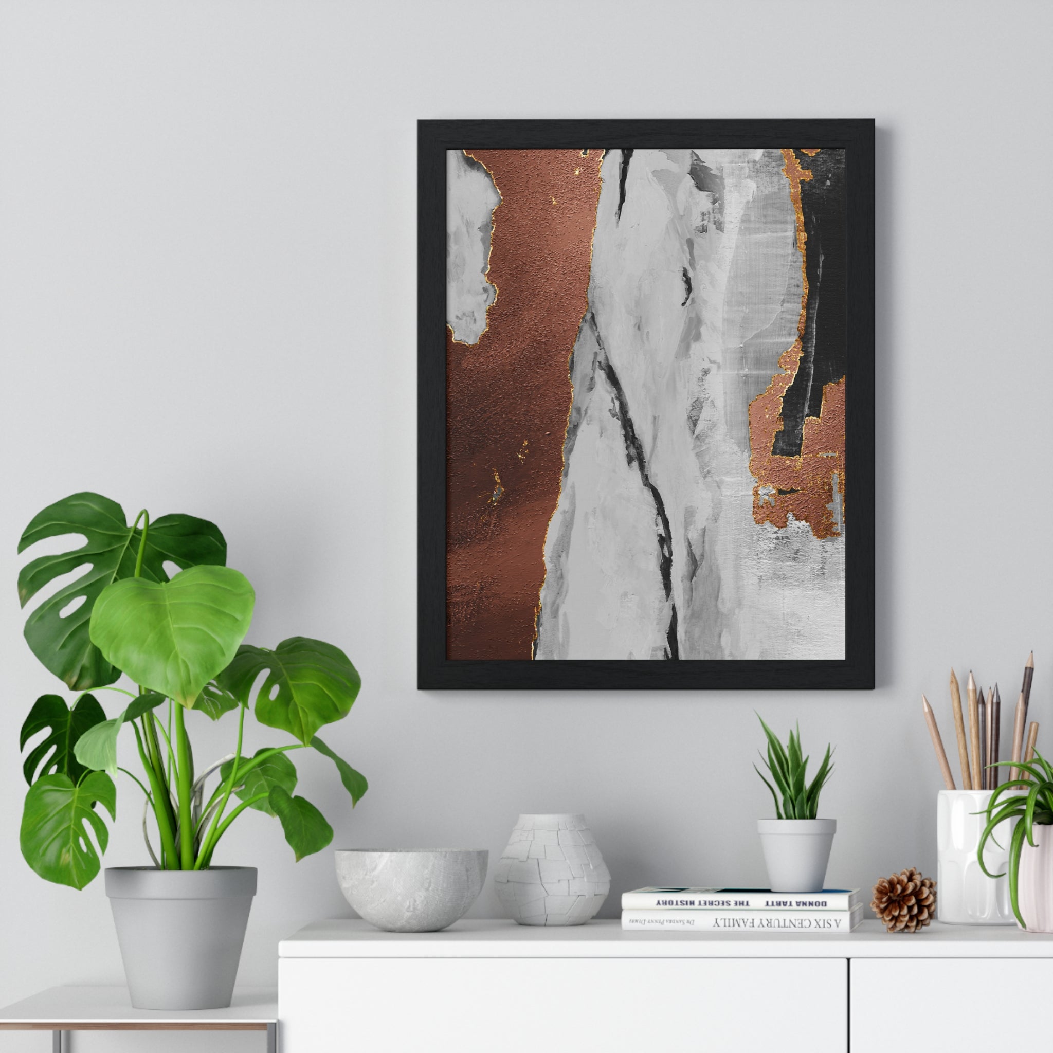 Luxury Abstract Wall Art Poster – Metallic Copper & Marble Texture on Wooden Frame – Modern Home Décor