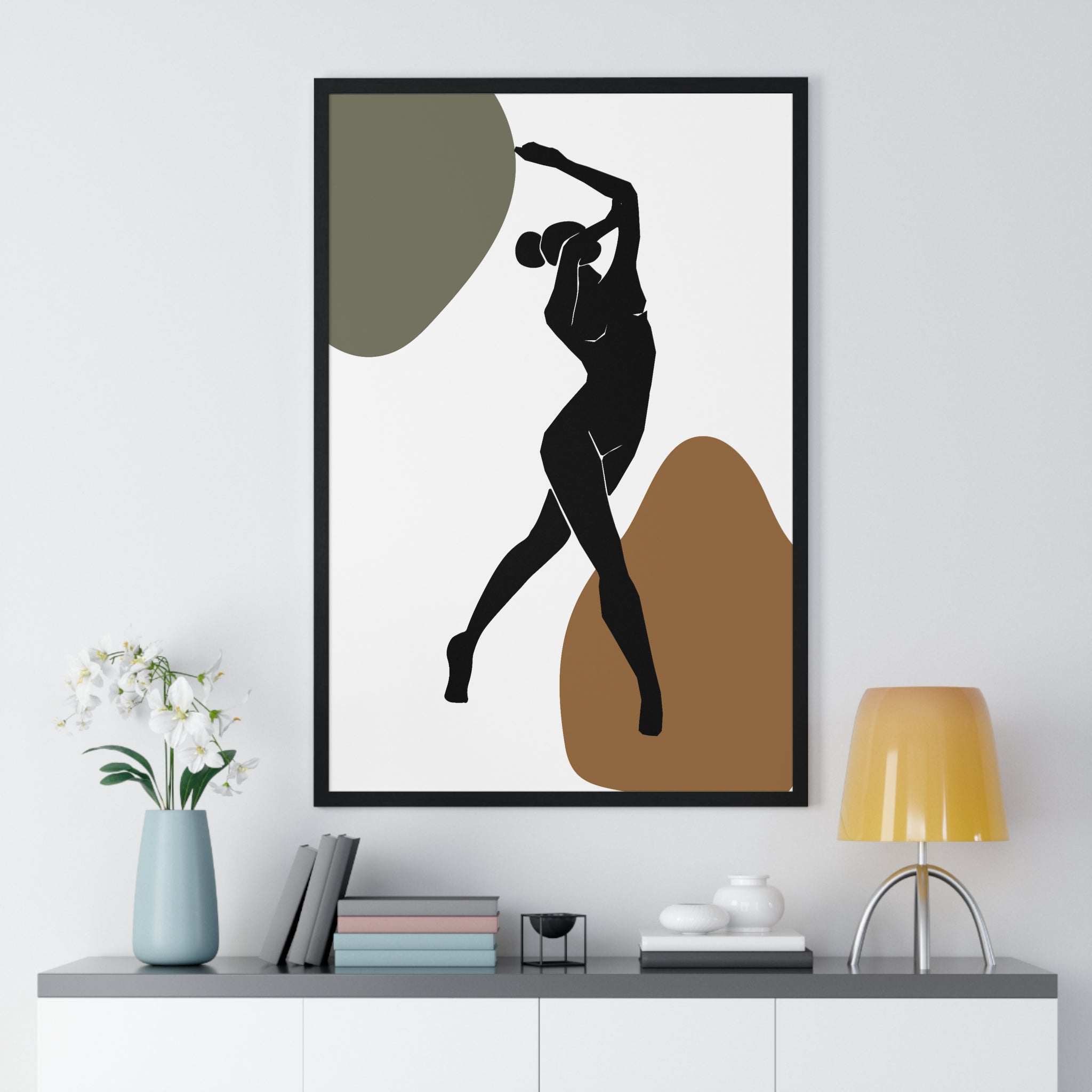 Minimalist Dance Silhouette – Earth Tone Abstract Print on Premium Wooden Frame