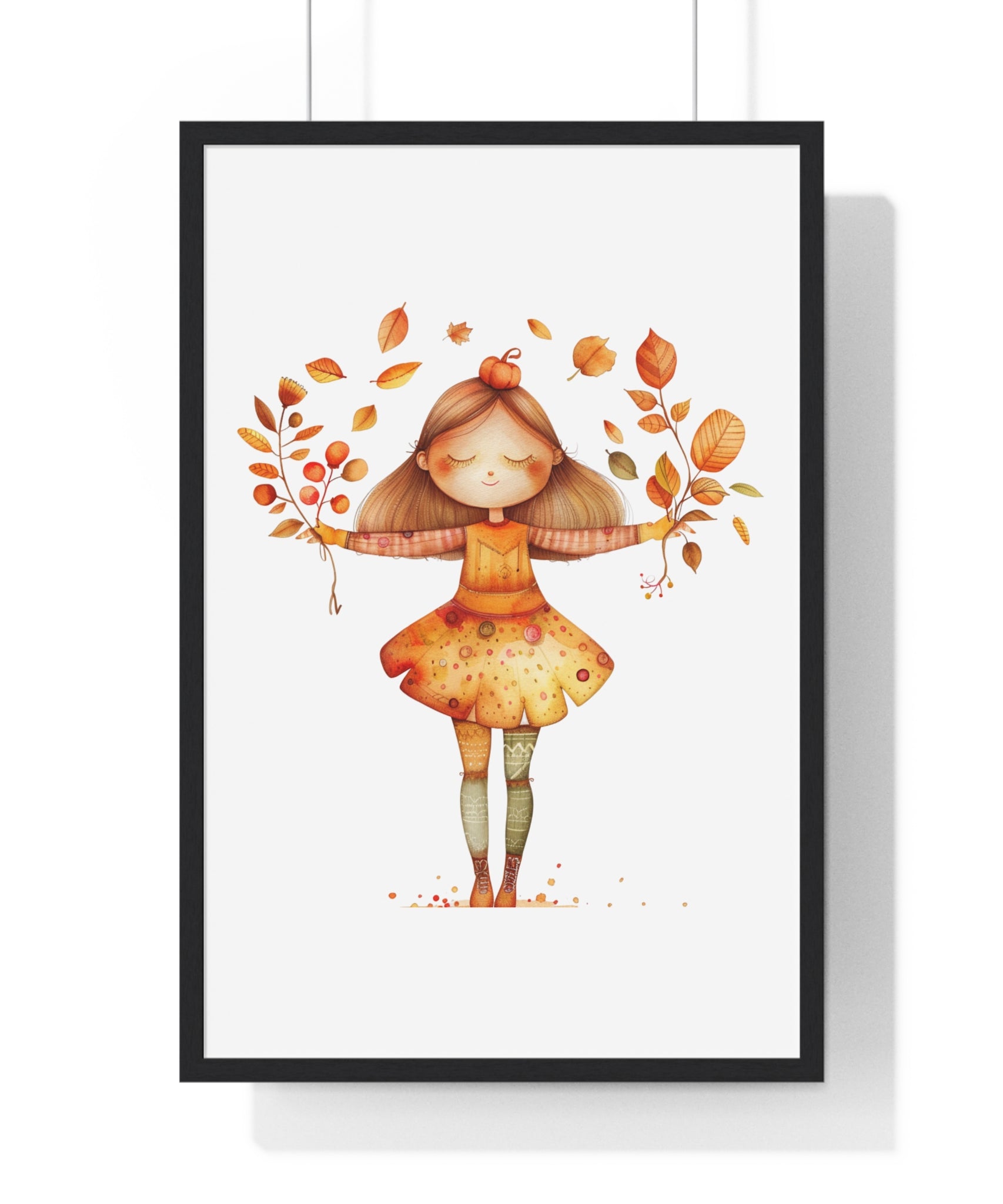Joyful Autumn Girl with Leaves Wooden Framed Wall Art