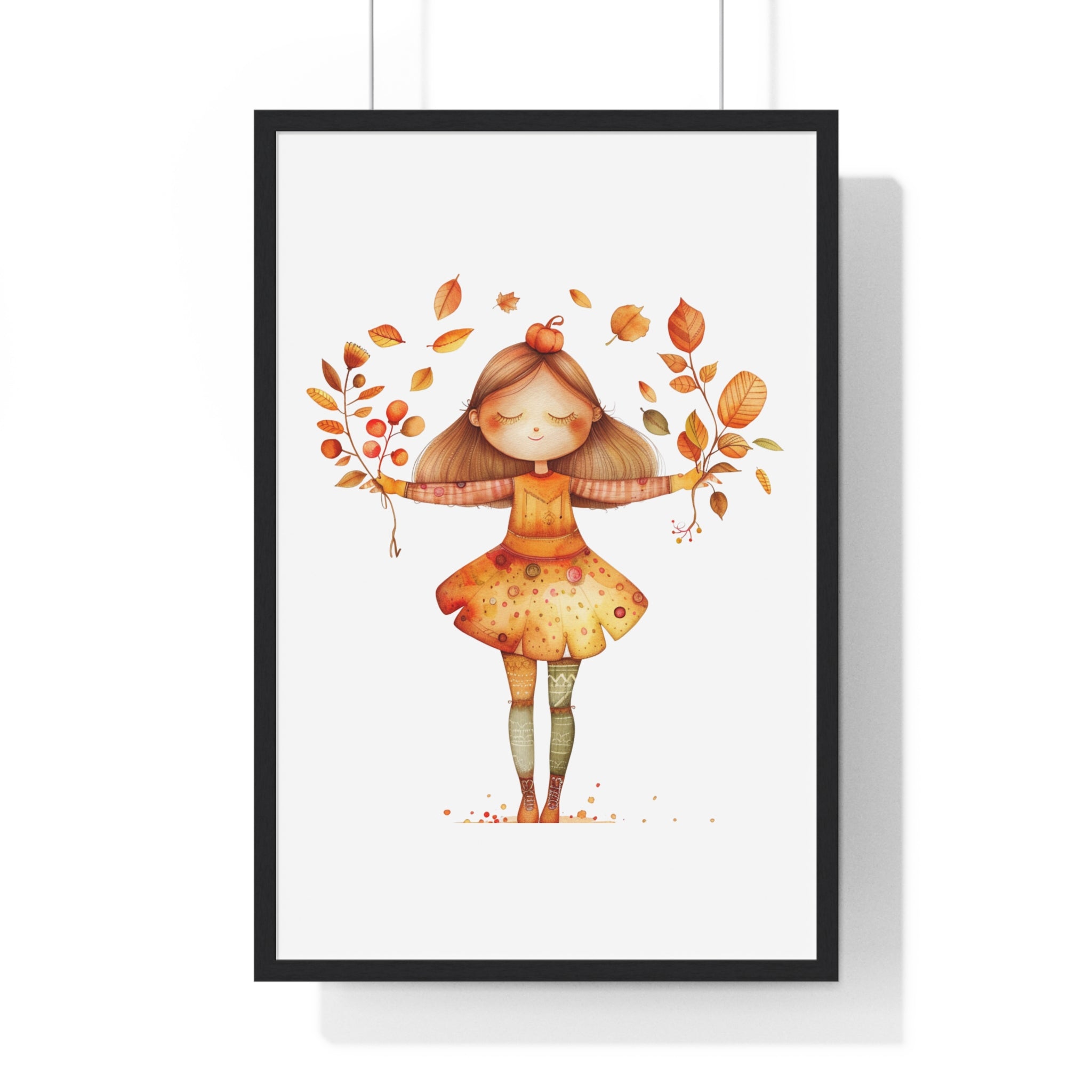 Joyful Autumn Girl with Leaves Wooden Framed Wall Art