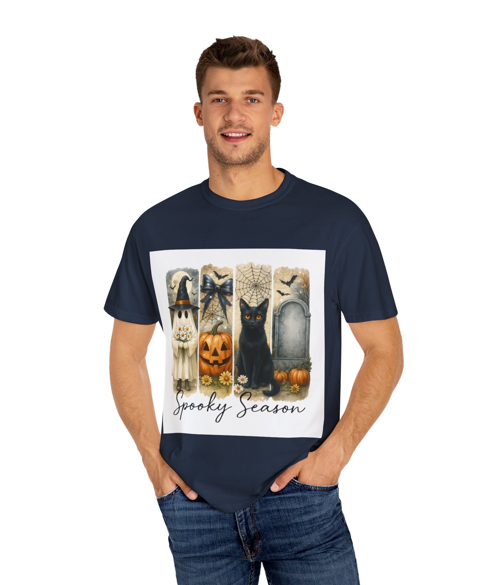 Spooky Season Halloween Unisex T-Shirt – Ghost, Black Cat & Pumpkin Design - Gallory Hive