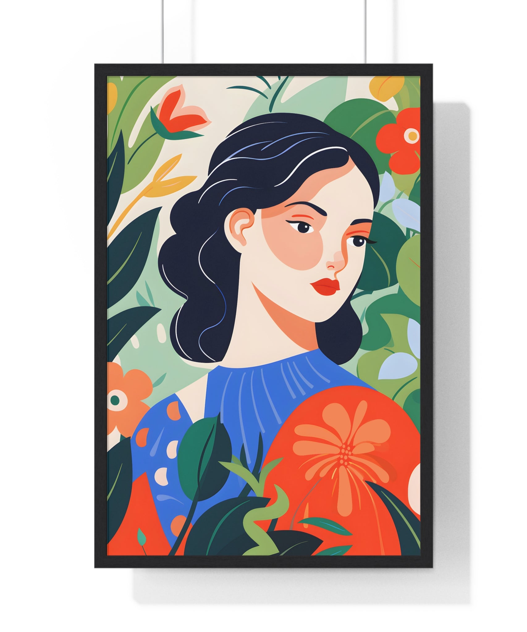 Modern Botanical Woman Art – Premium Wooden Framed Poster with Vibrant Foliage