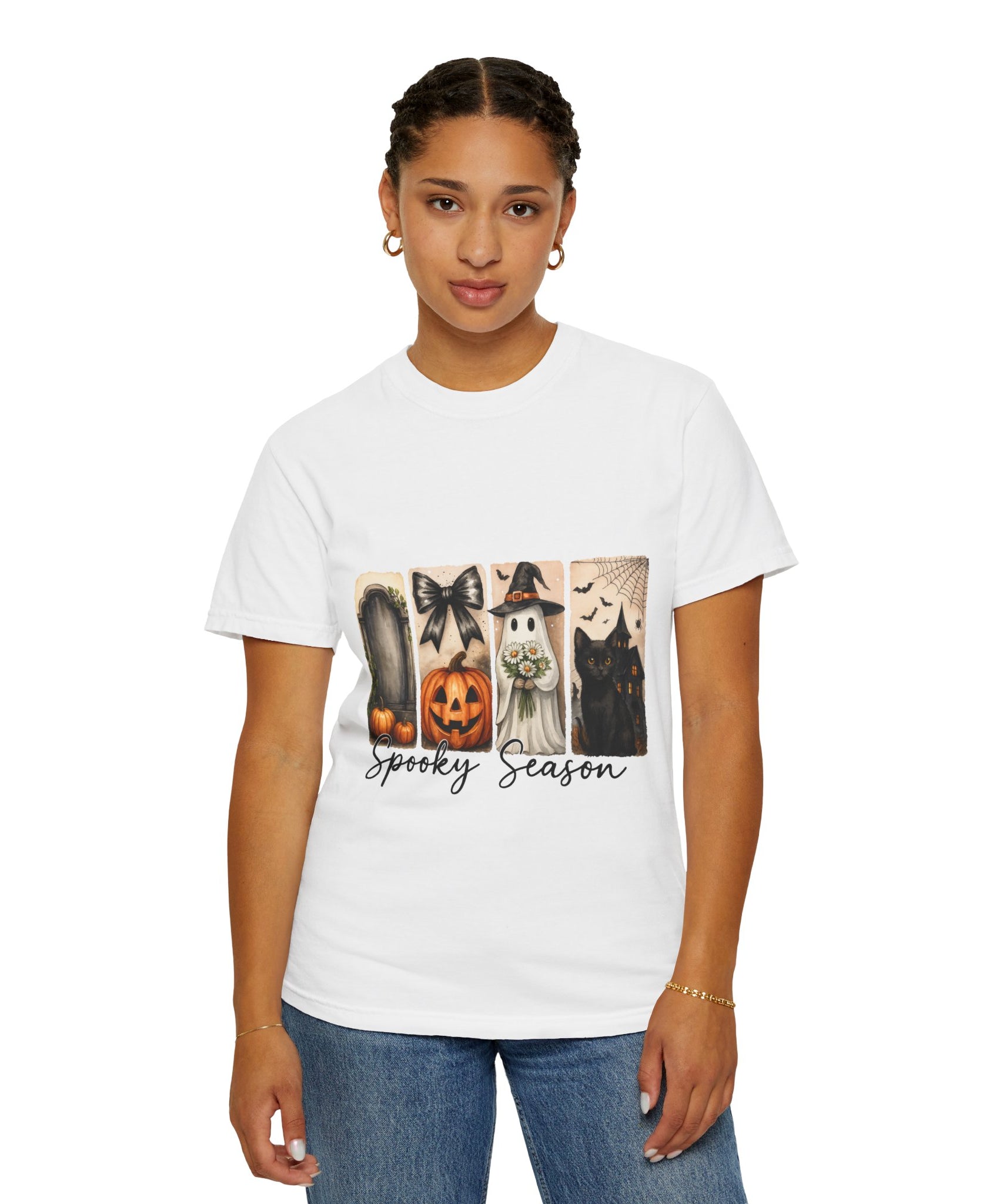 Spooky Season Unisex Halloween T-Shirt – Ghost, Black Cat, Pumpkin & Haunted House Art - Gallory Hive