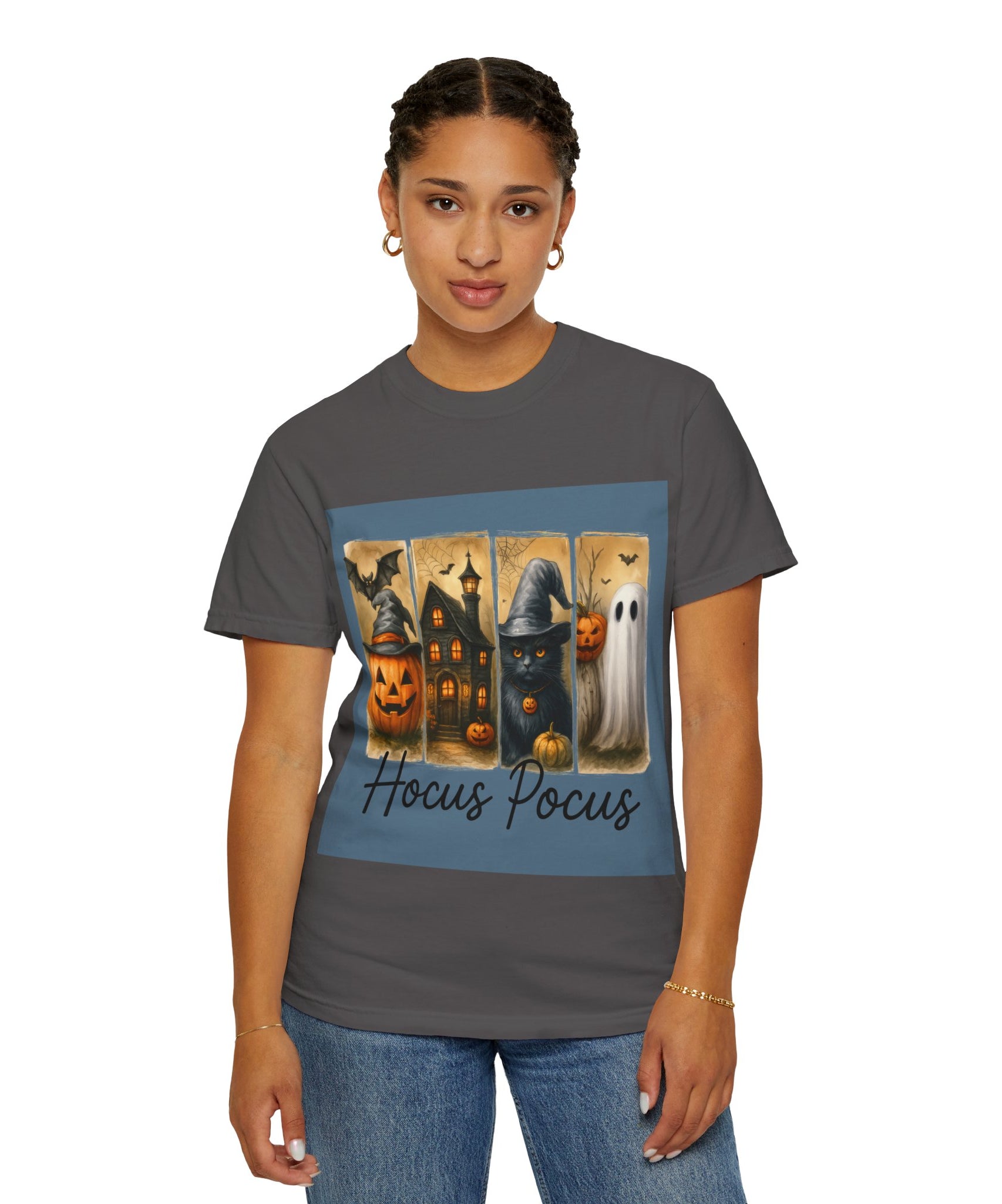 Hocus Pocus Halloween Unisex T-Shirt – Witchy Cat, Haunted House, Pumpkin & Ghost Art - Gallory Hive