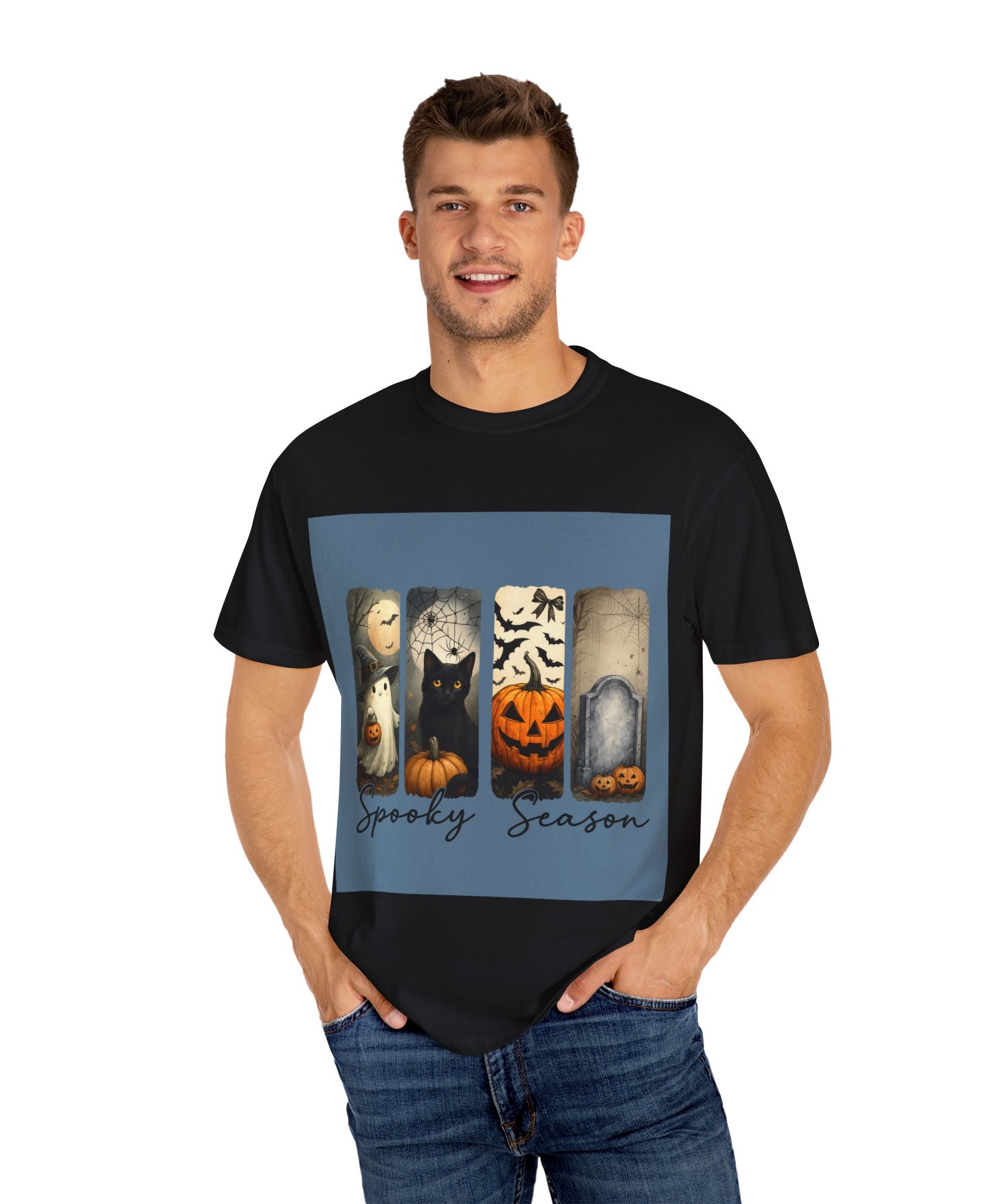 Halloween Night Unisex T-Shirt – Ghost, Black Cat, Pumpkin & Tombstone Vintage Art - Gallory Hive