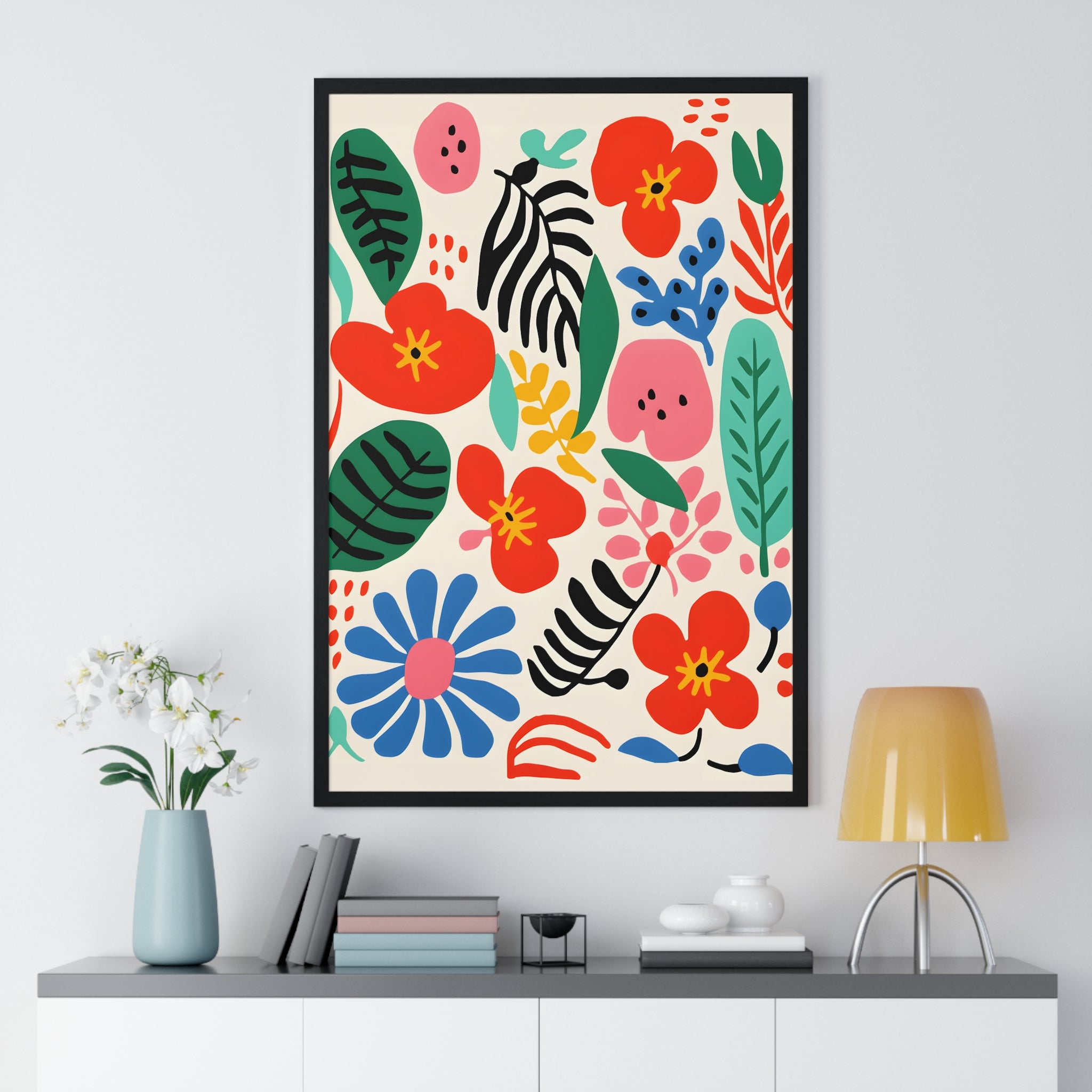 Colorful Botanical Art – Premium Wooden Framed Poster with Leaves & Flowers
