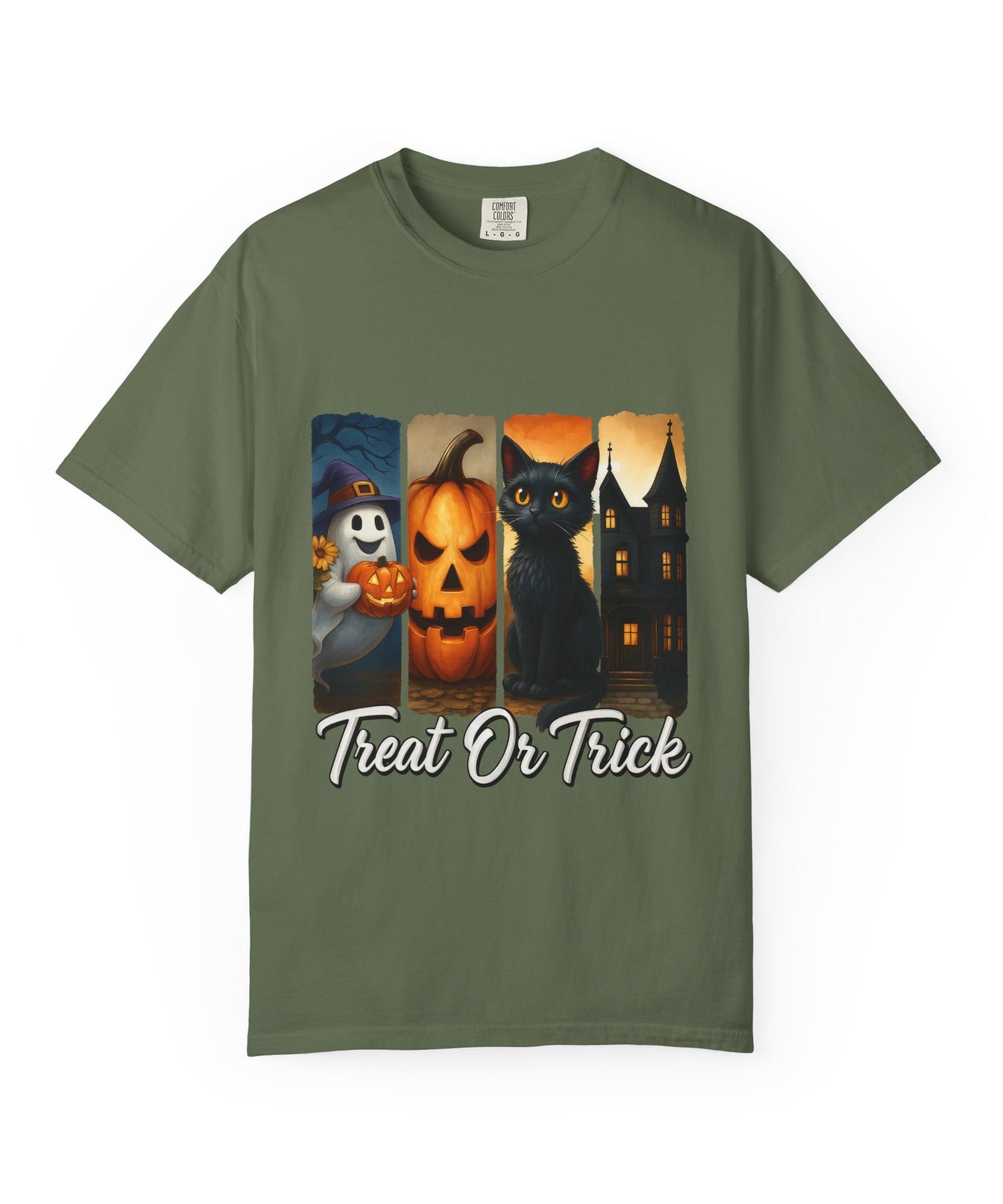 Treat Or Trick Halloween T-Shirt – Cute Ghost, Pumpkin, Black Cat & Haunted House Design - Gallory Hive