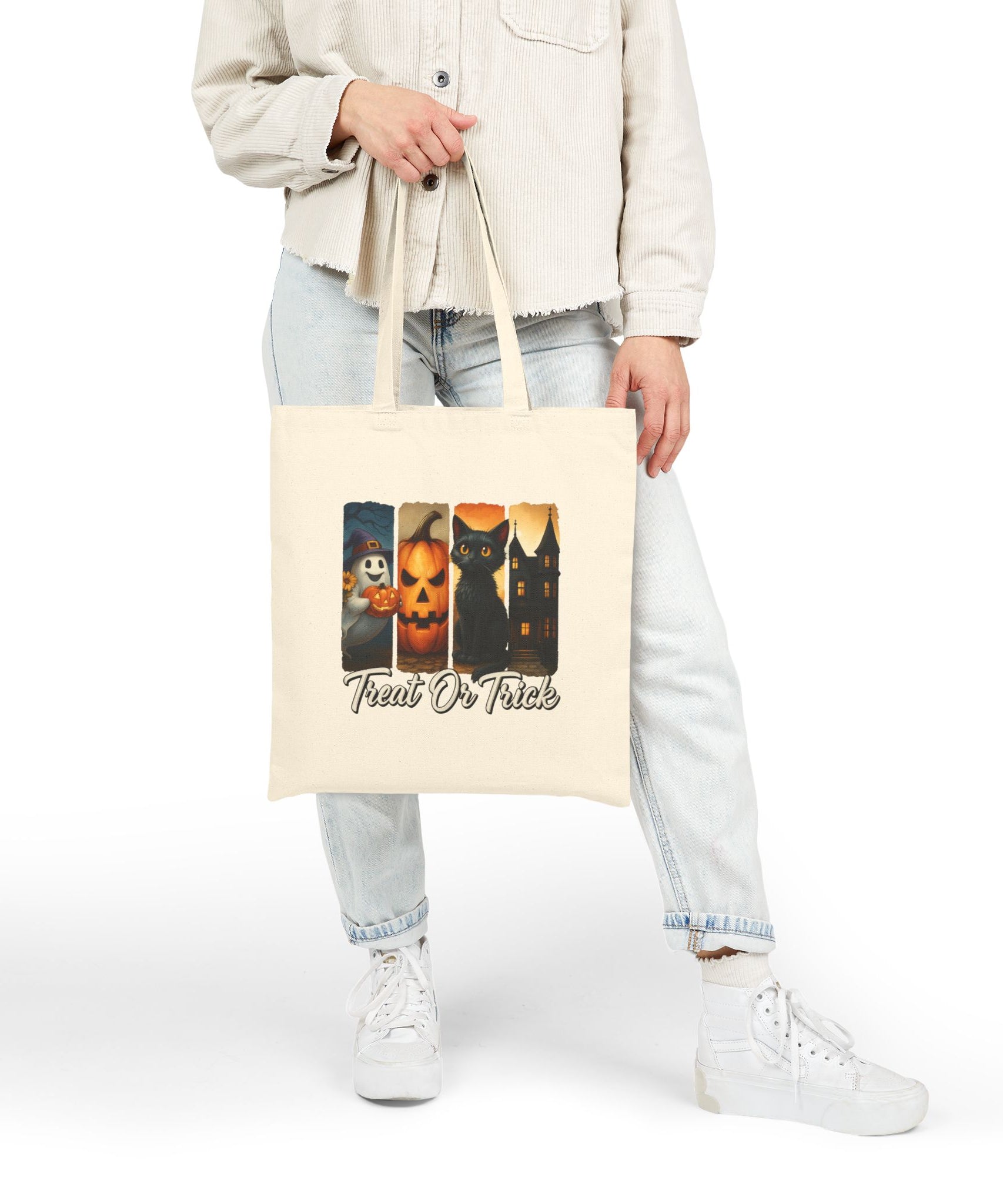 Halloween Tote Bag, Treat or Trick Cotton Bag, Spooky Season Reusable Shopper, Autumn Gift, Haunted House Tote, Cat Lover's Bag - Gallory Hive