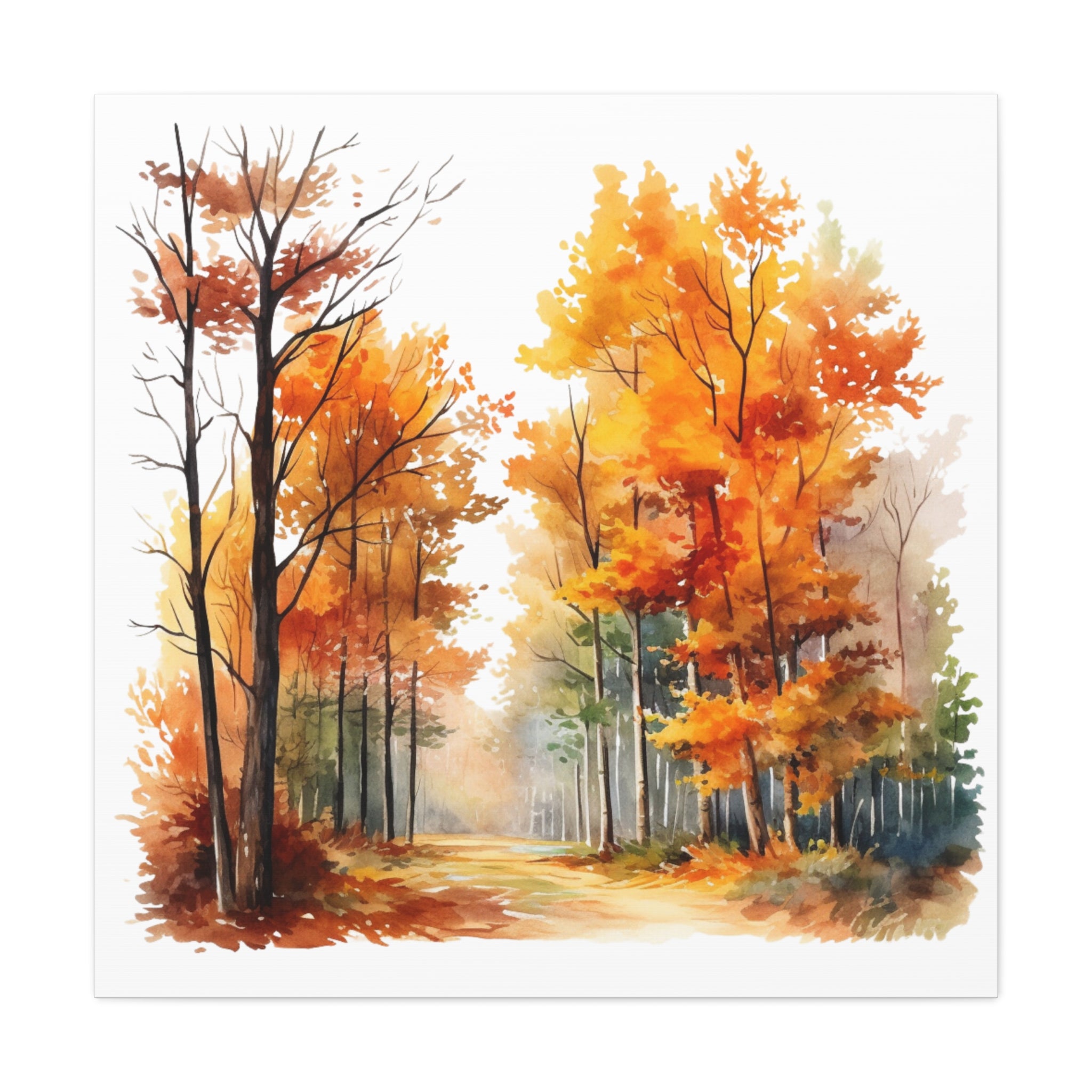Whispers of Fall – Autumn Forest Path Watercolor on Floral Canvas Wall Art