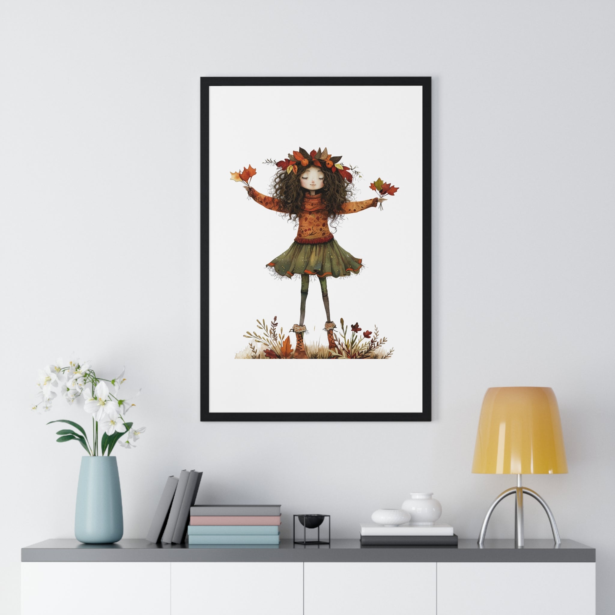 Serene Autumn Fairy with Leaves Wooden Framed Wall Art
