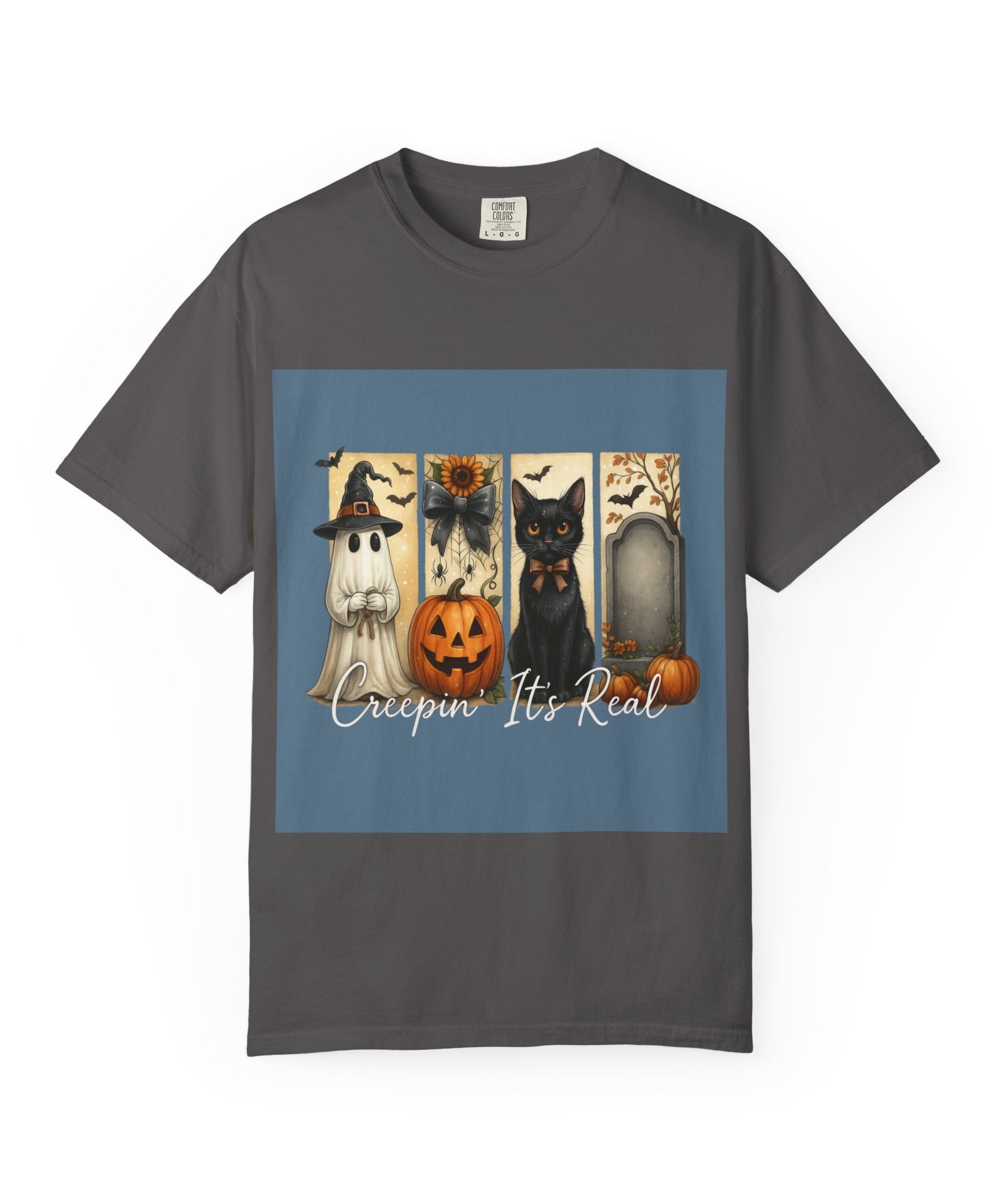 Creepin’ It’s Real Halloween T-Shirt – Cute Ghost, Pumpkin, Black Cat & Tombstone Design