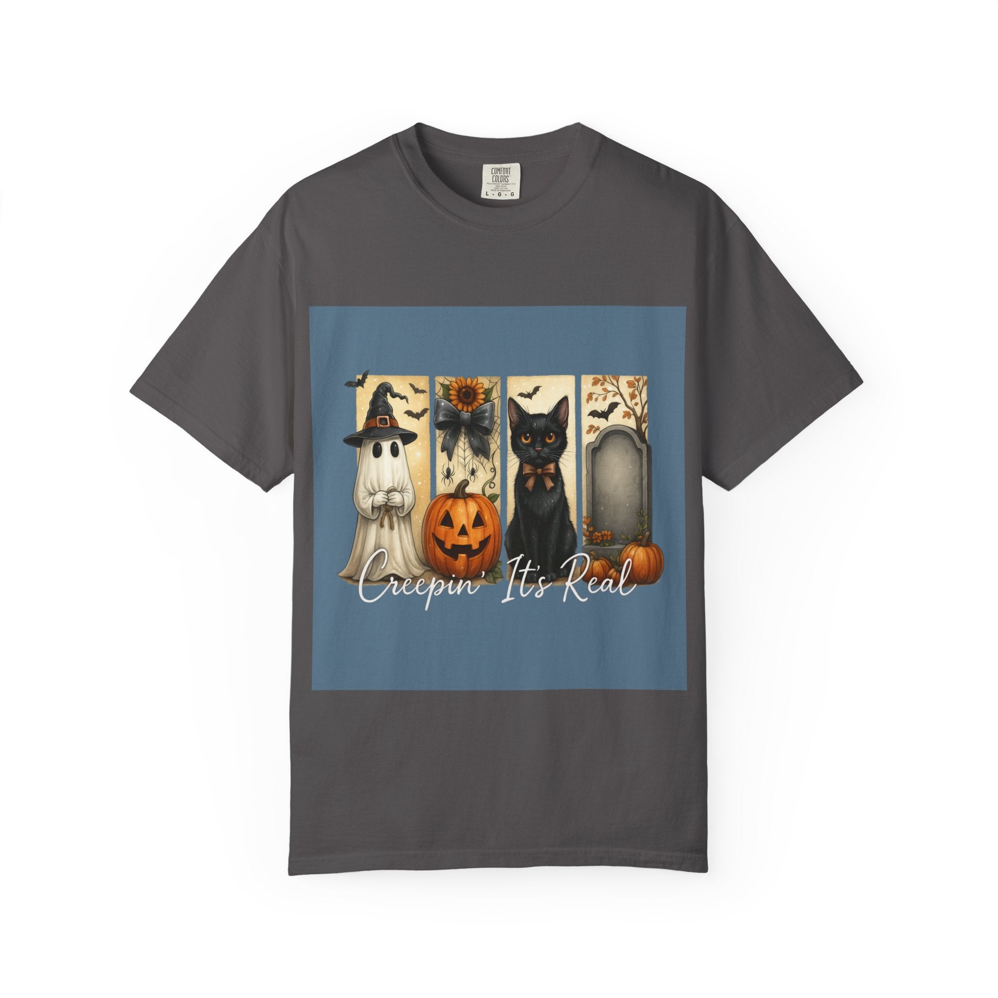 Creepin’ It’s Real Halloween T-Shirt – Cute Ghost, Pumpkin, Black Cat & Tombstone Design - Gallory Hive