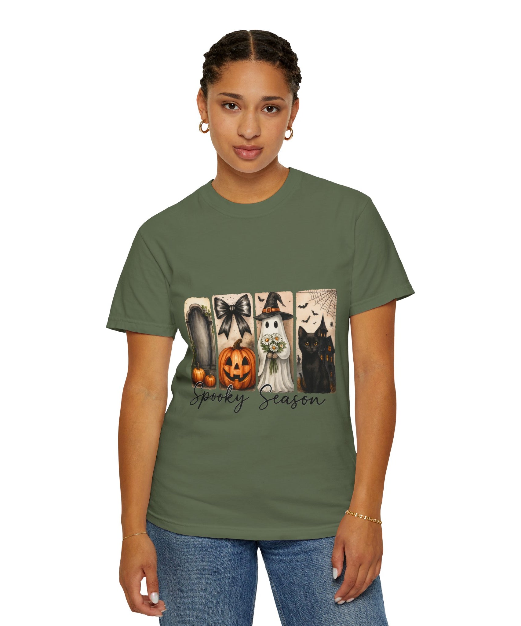 Spooky Season Unisex Halloween T-Shirt – Ghost, Black Cat, Pumpkin & Haunted House Art - Gallory Hive