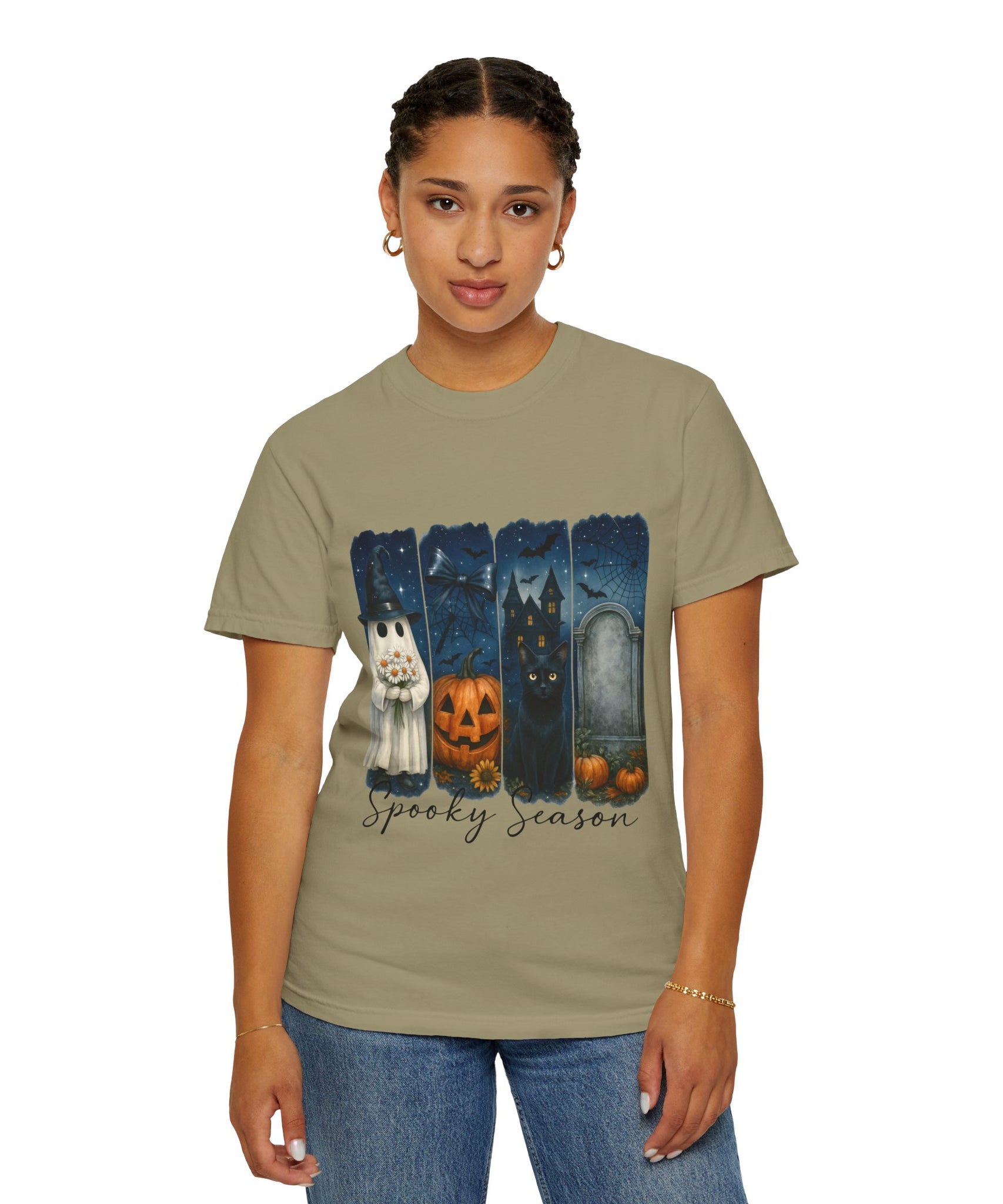 Spooky Season Halloween T-Shirt – Ghost, Black Cat, Pumpkin & Haunted House Design - Gallory Hive