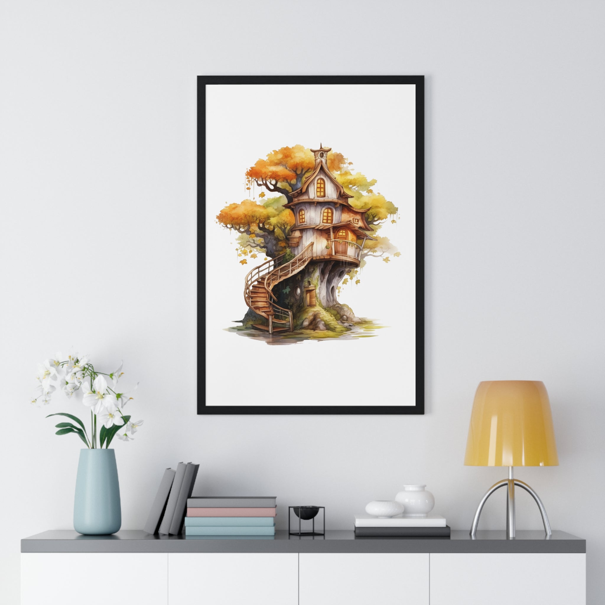 Enchanted Autumn Treehouse Wall Art – Spiral Staircase Forest Cottage with Fall Leaves | Wooden Frame Fantasy Decor