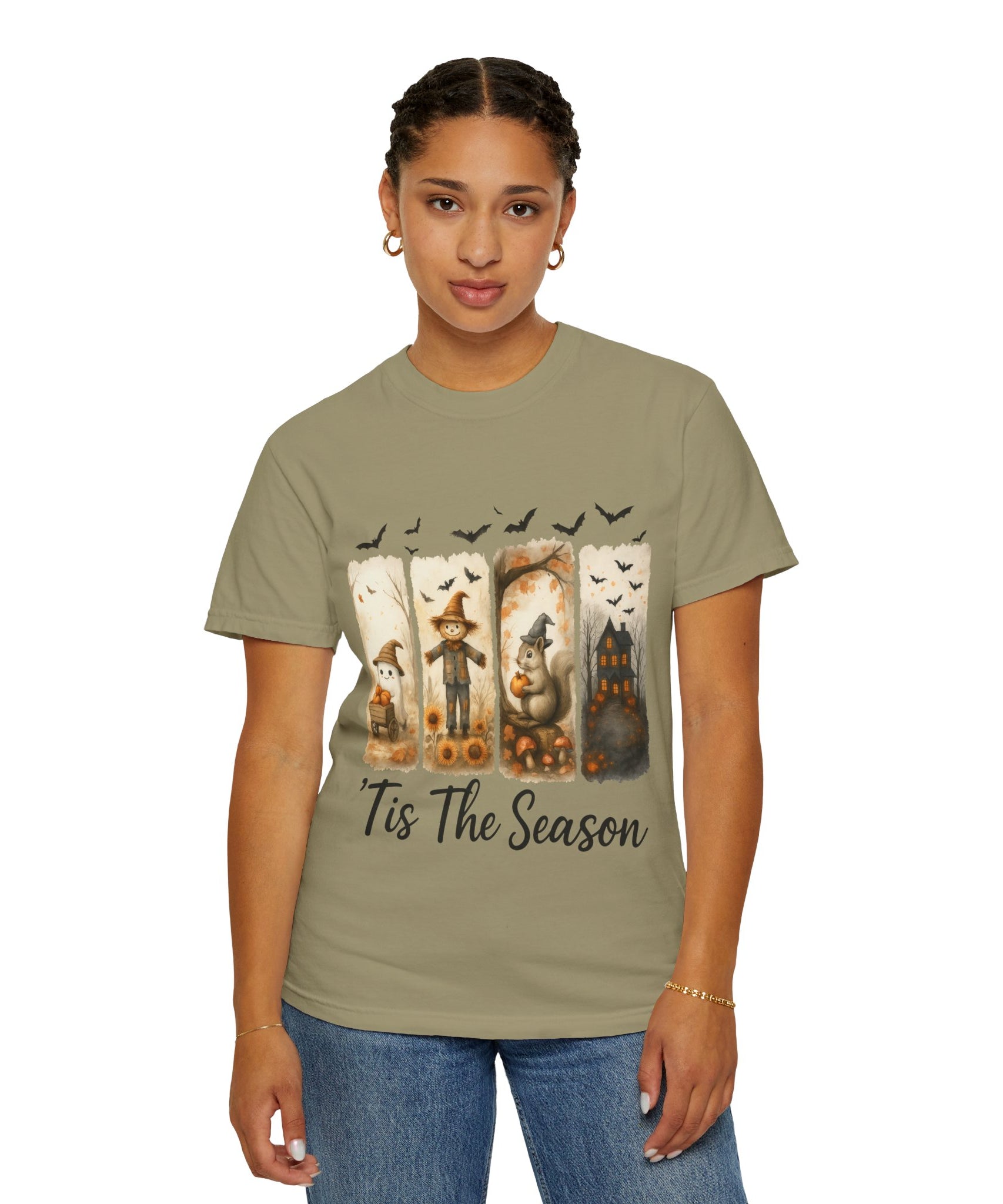 Tis The Season Fall Halloween T-Shirt – Cute Ghost, Scarecrow, Squirrel & Haunted House Design - Gallory Hive