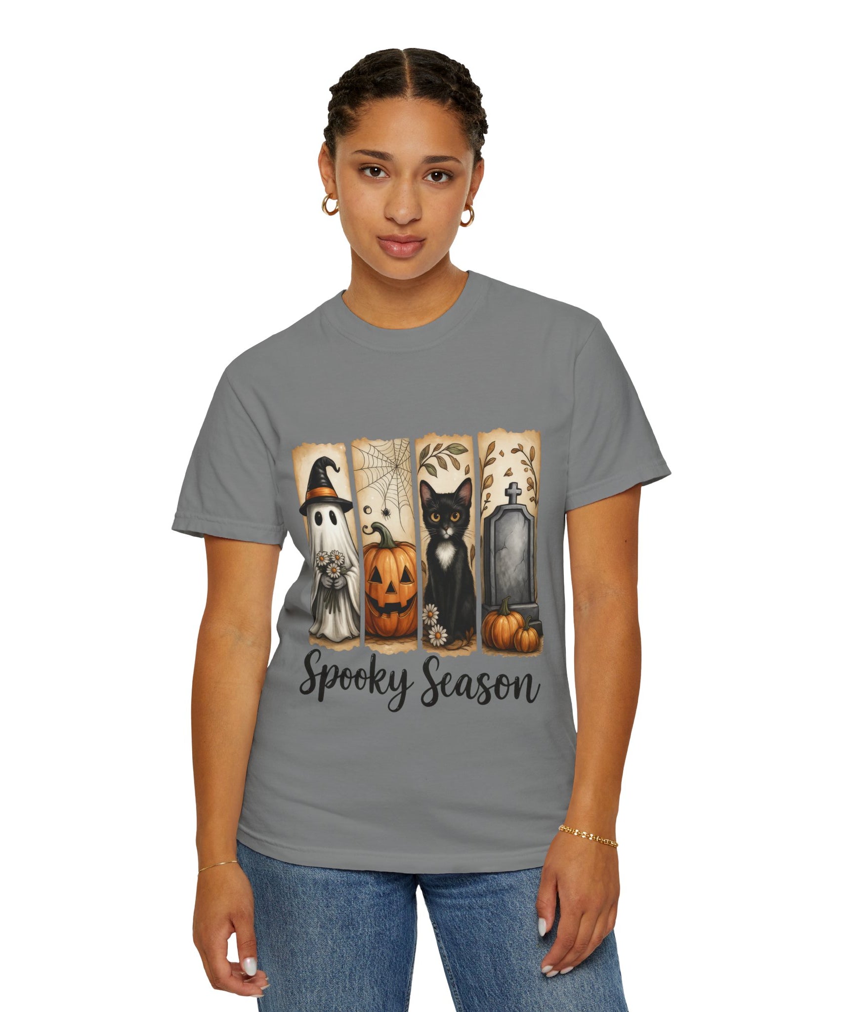 Spooky Season Halloween Unisex T-Shirt – Ghost, Cat & Pumpkin Design - Gallory Hive