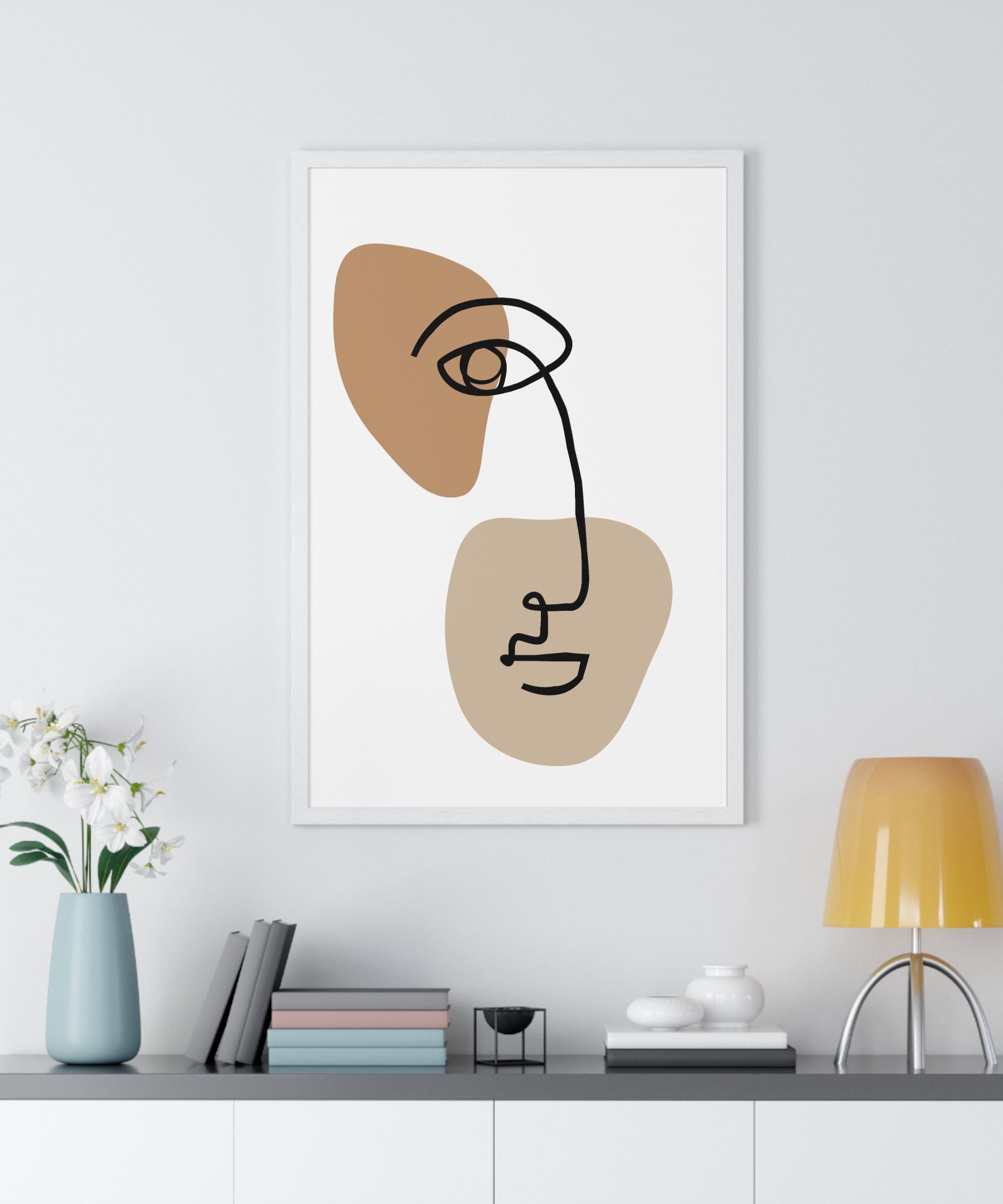 Abstract Face Line Drawing – Wood Frame Poster