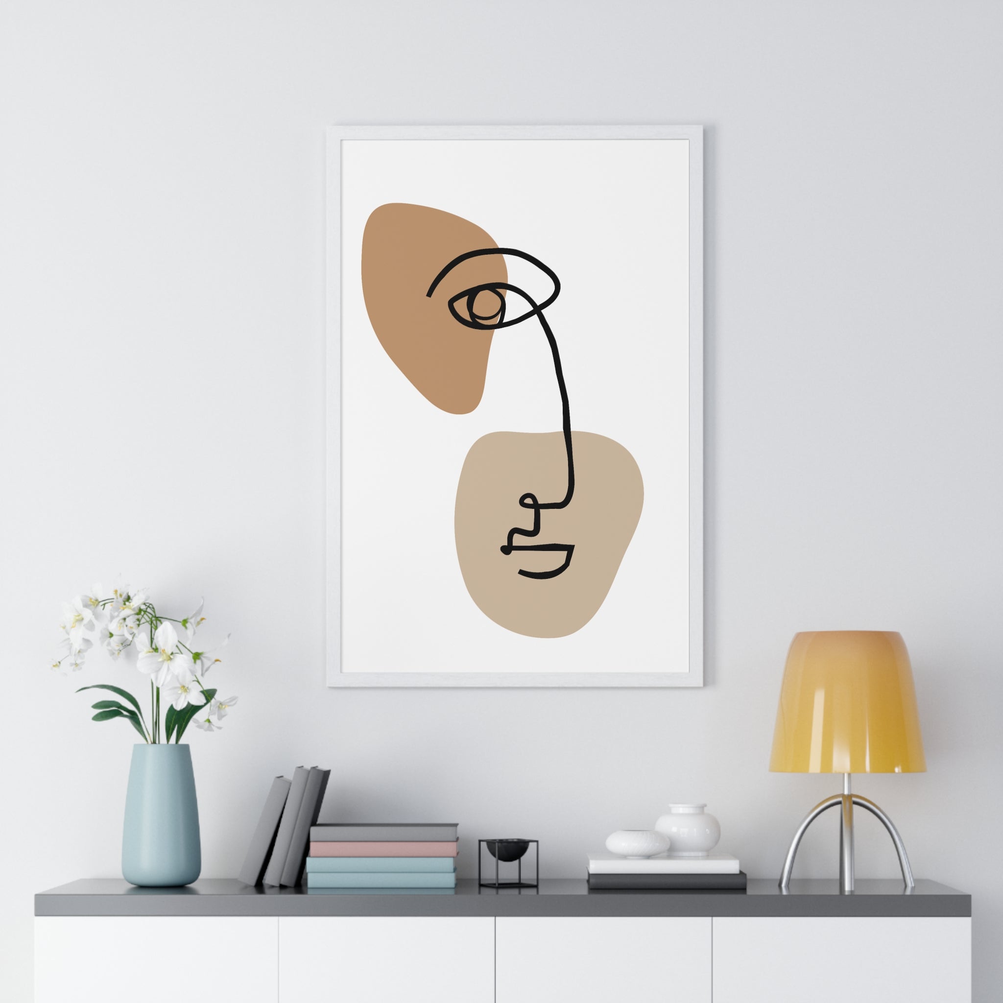 Abstract Face Line Drawing – Wood Frame Poster
