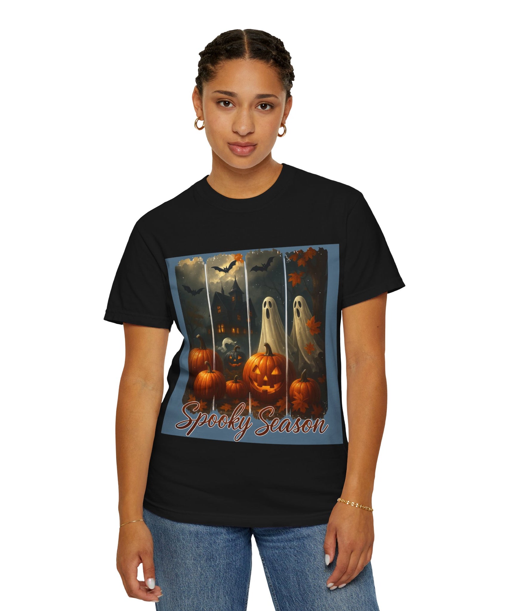 Spooky Season Unisex Halloween T-Shirt – Haunted House, Pumpkins & Ghosts Fall Design - Gallory Hive