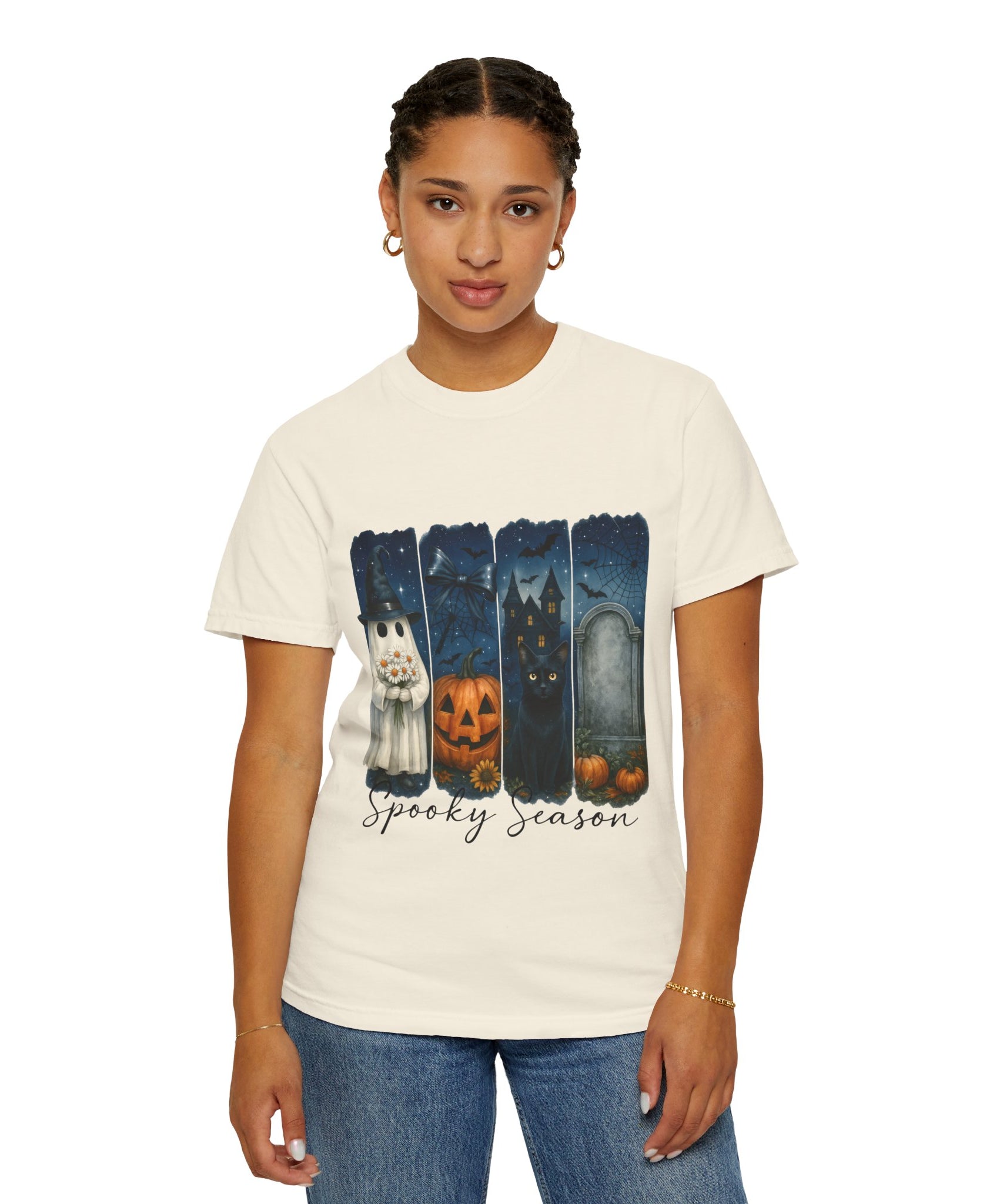 Spooky Season Halloween T-Shirt – Ghost, Black Cat, Pumpkin & Haunted House Design - Gallory Hive