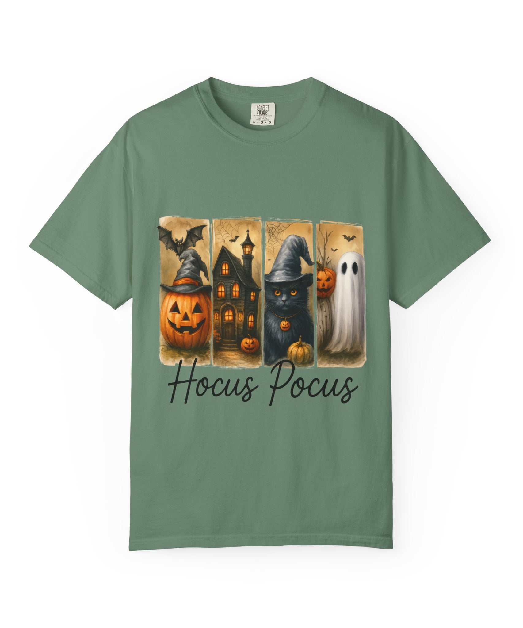 Hocus Pocus Halloween Unisex T-Shirt – Witchy Cat, Haunted House, Pumpkin & Ghost Art - Gallory Hive