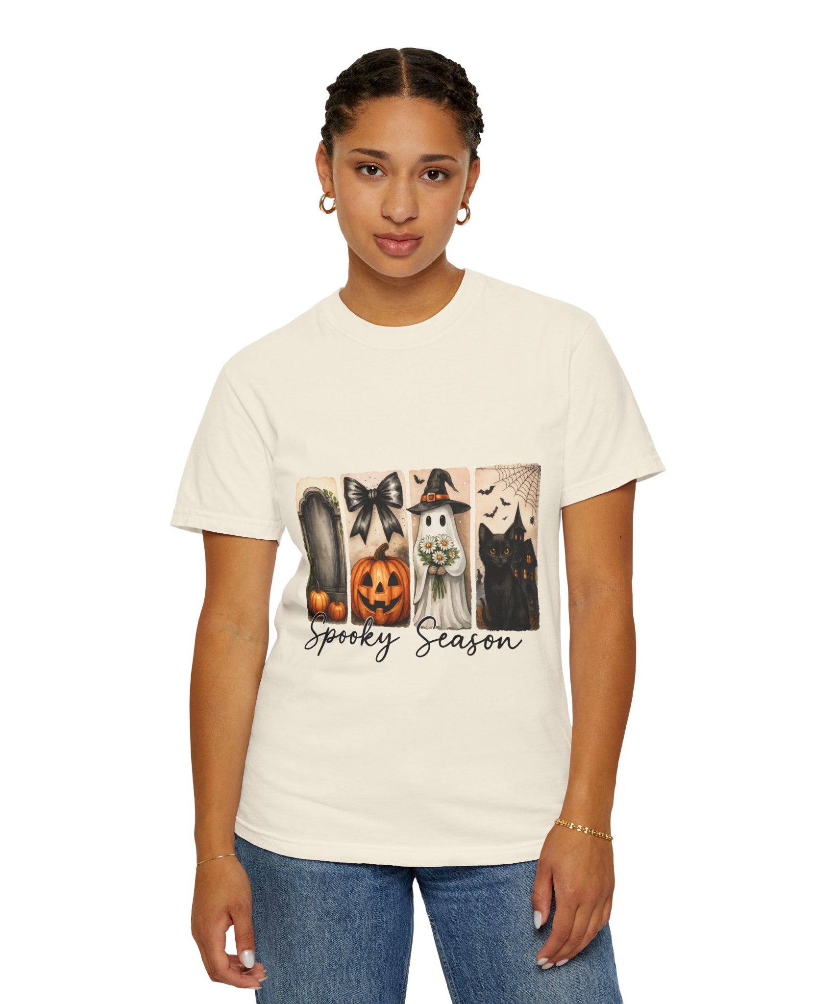 Spooky Season Unisex Halloween T-Shirt – Ghost, Black Cat, Pumpkin & Haunted House Art - Gallory Hive