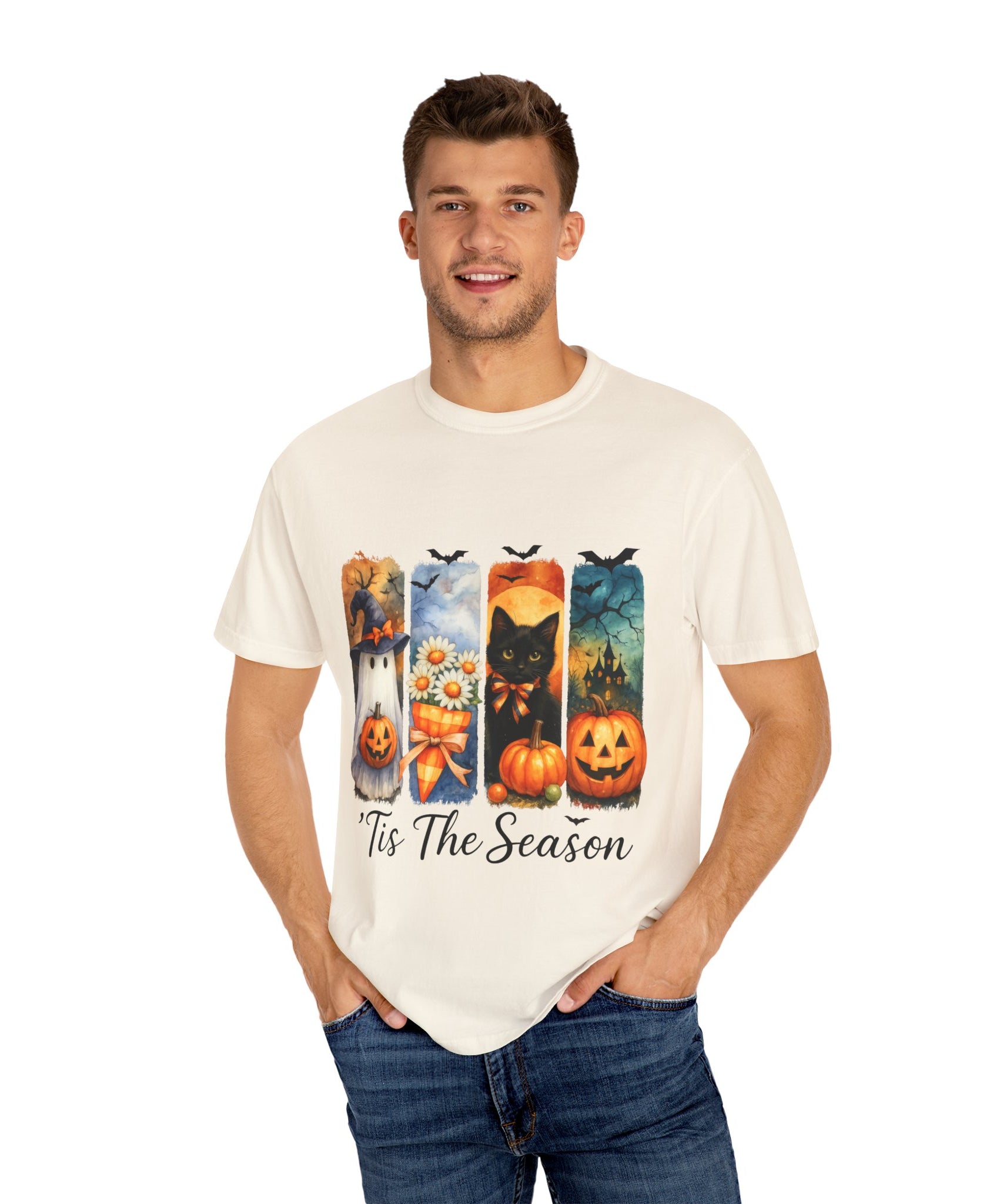 Whimsical Halloween T-Shirt – Ghost, Black Cat, Pumpkins & Haunted House Design - Gallory Hive