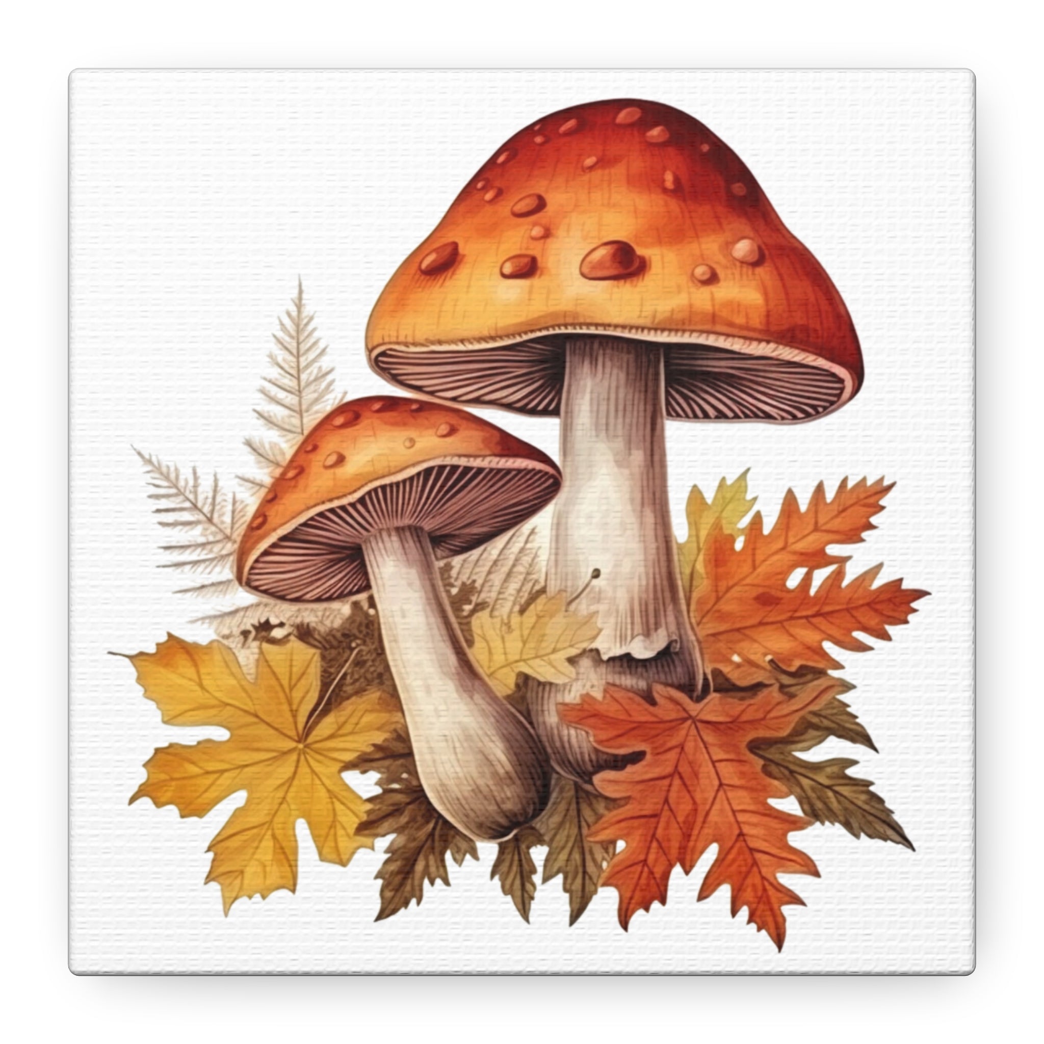 Forest Gems – Autumn Mushrooms & Leaves Illustration on Floral Canvas Wall Art