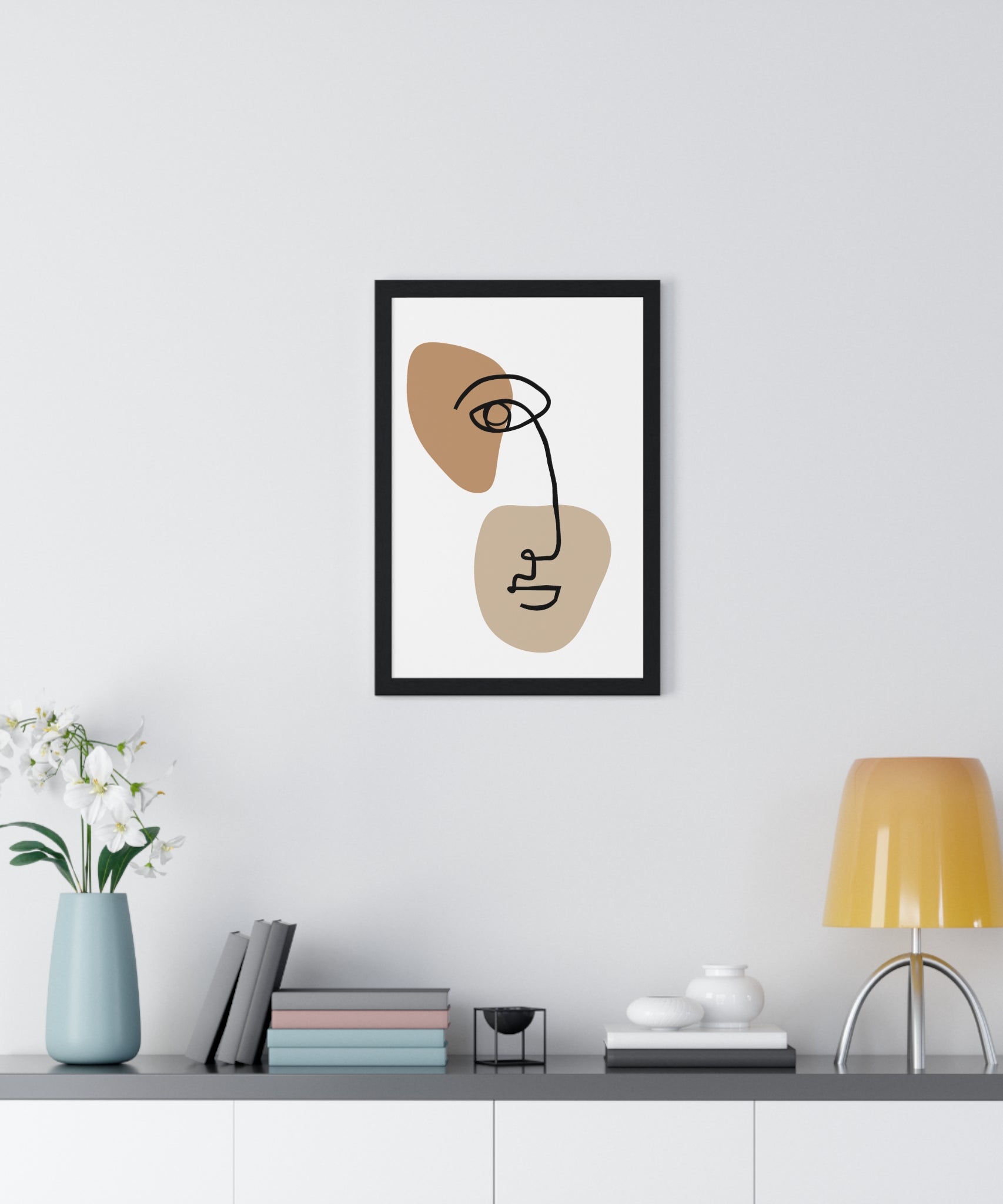 Abstract Face Line Drawing – Wood Frame Poster