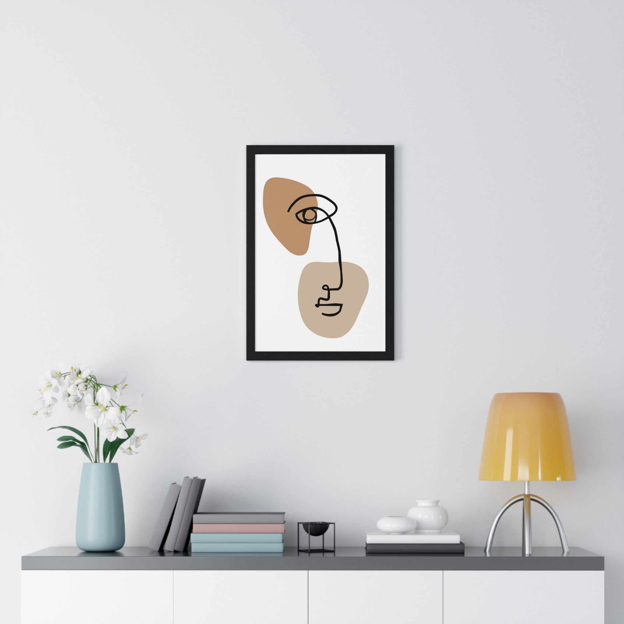 Abstract Face Line Drawing – Wood Frame Poster