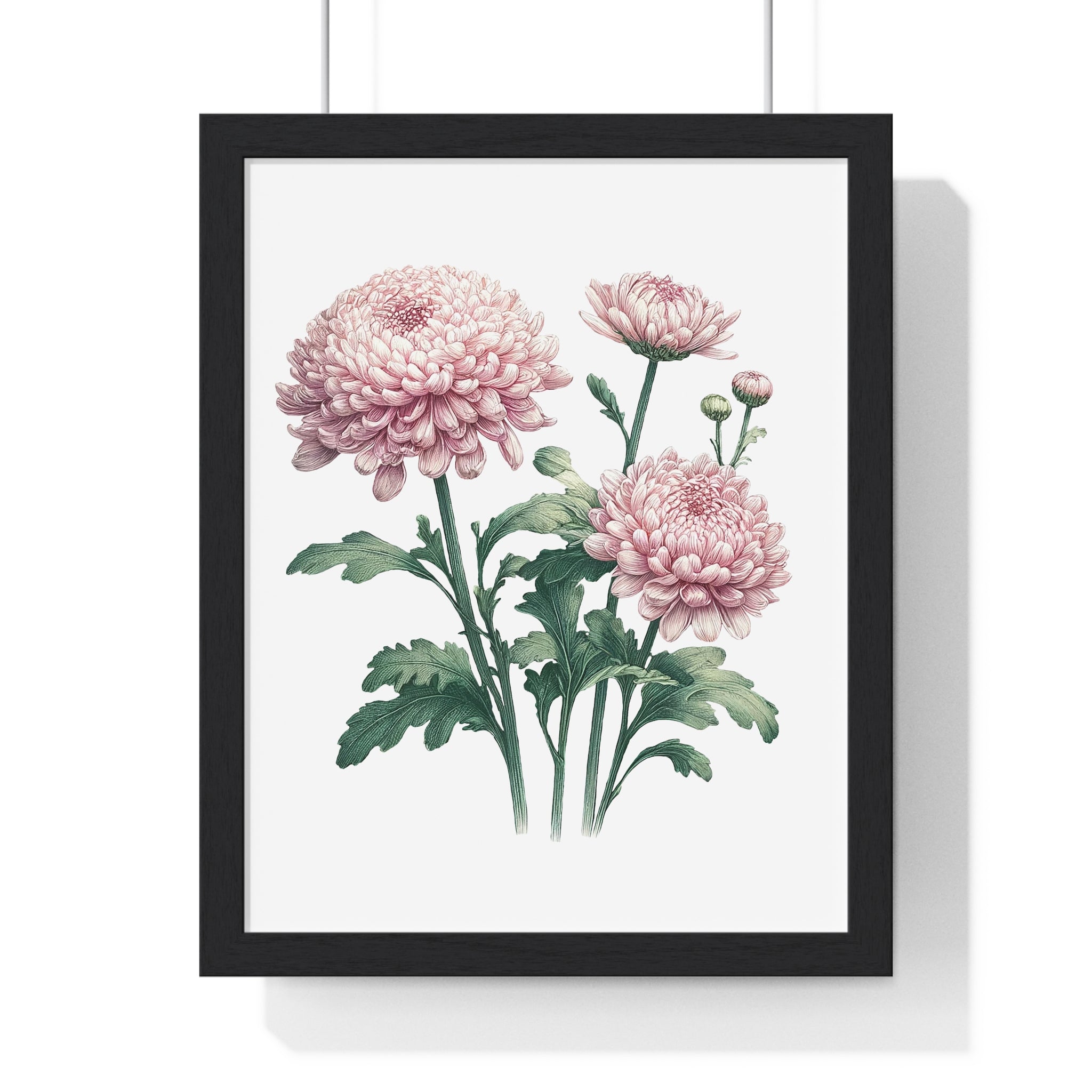 November Birth Month Flower Wall Art – Pink Chrysanthemum Illustration in Wooden Frame | Loyalty, Love & Joy