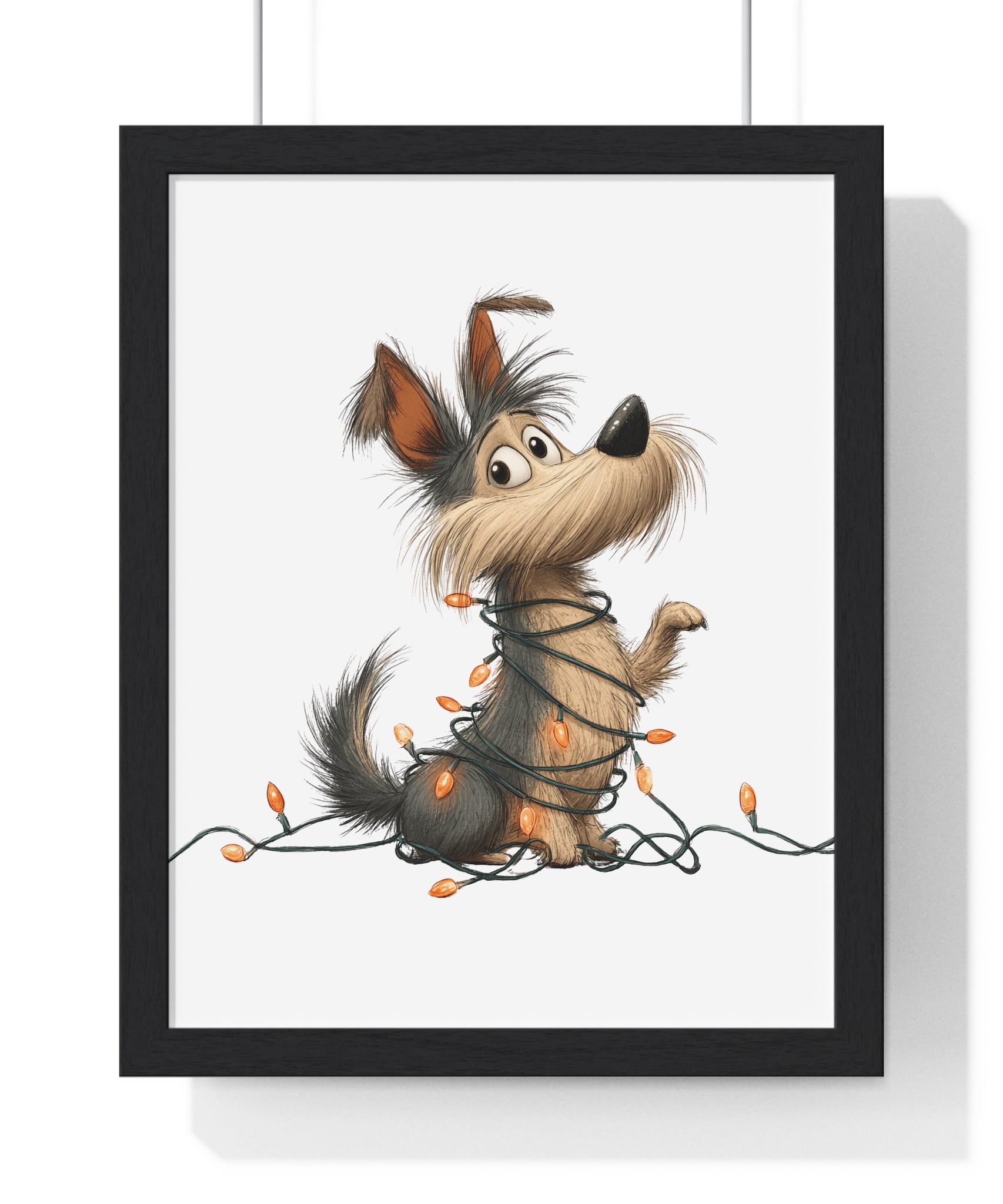 Whimsical Dog Wrapped in Holiday Lights – Wooden Framed Wall Art