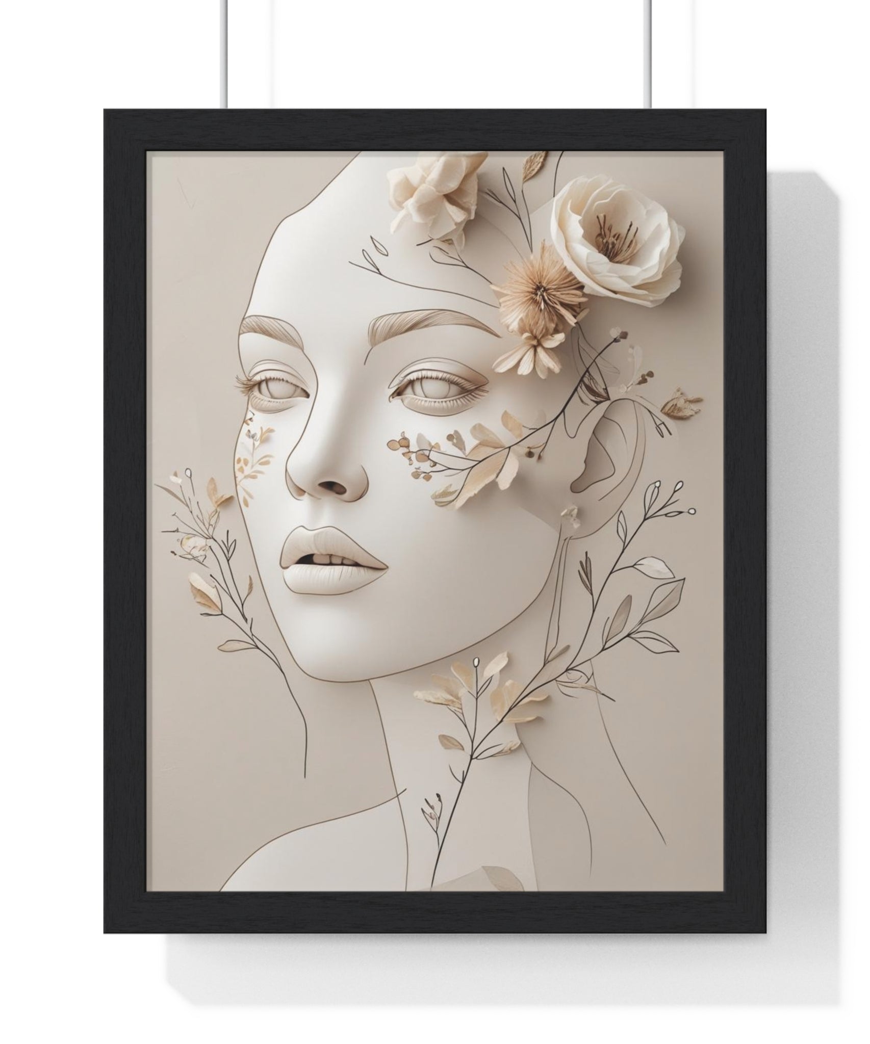 Elegant Feminine Floral Portrait Wooden Wall Art – Neutral Line Art Decor