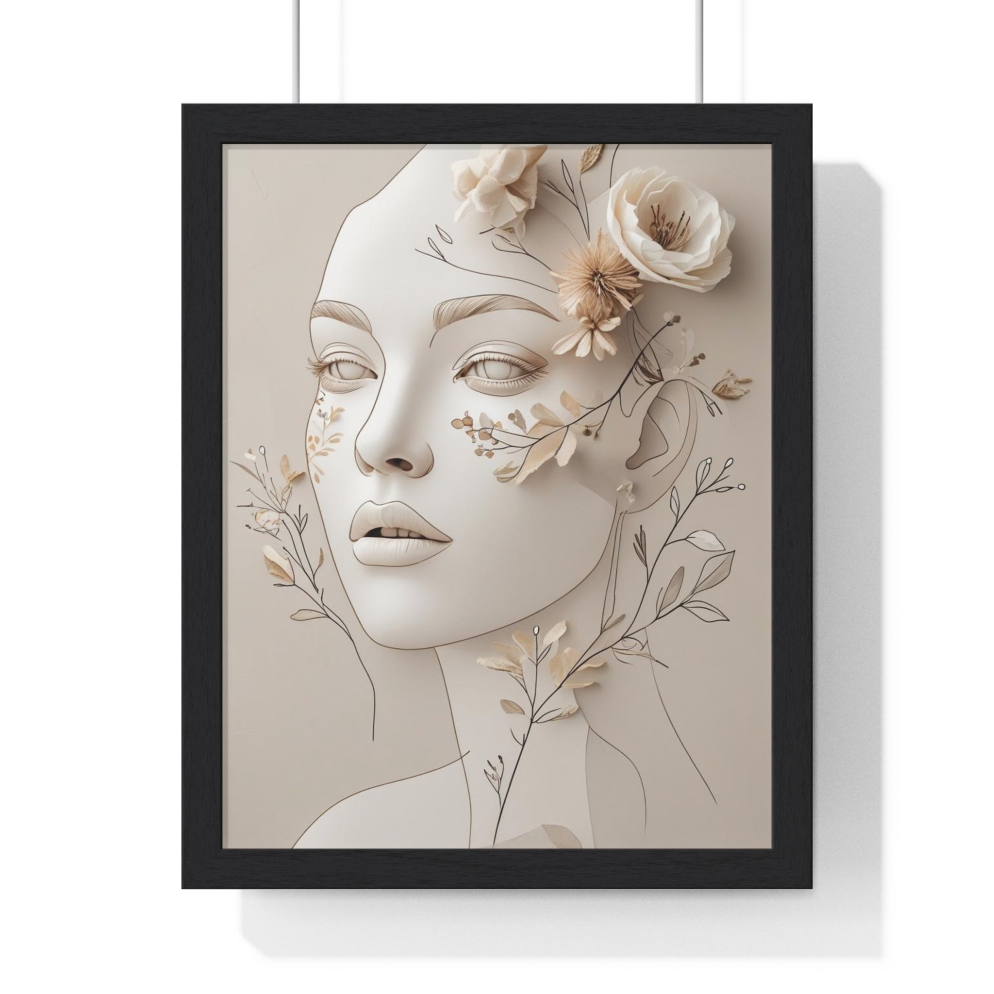 Elegant Feminine Floral Portrait Wooden Wall Art – Neutral Line Art Decor - Gallory Hive