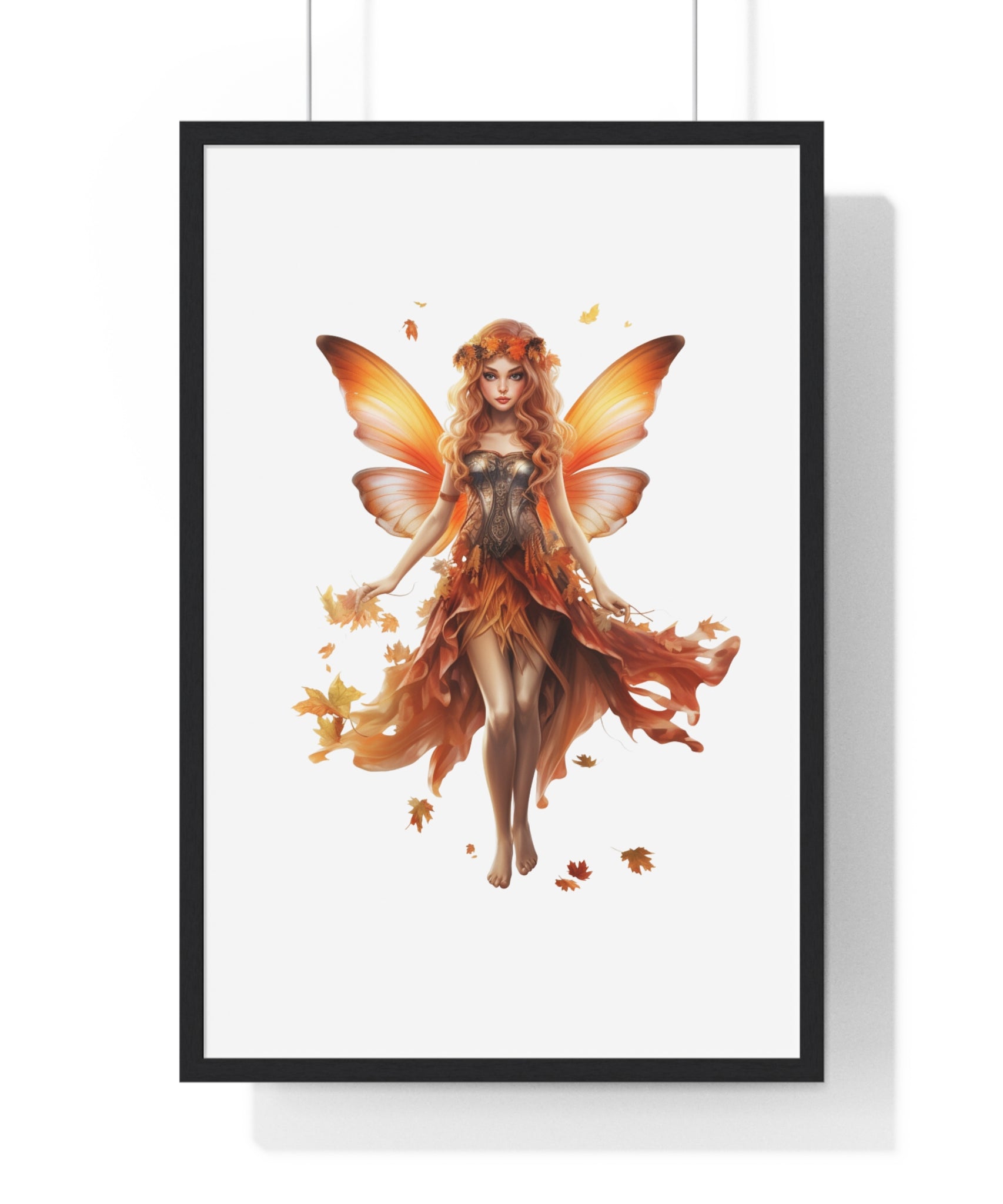 Radiant Autumn Fairy Wall Art – Fantasy Wooden Frame Poster for Fall Home Decor