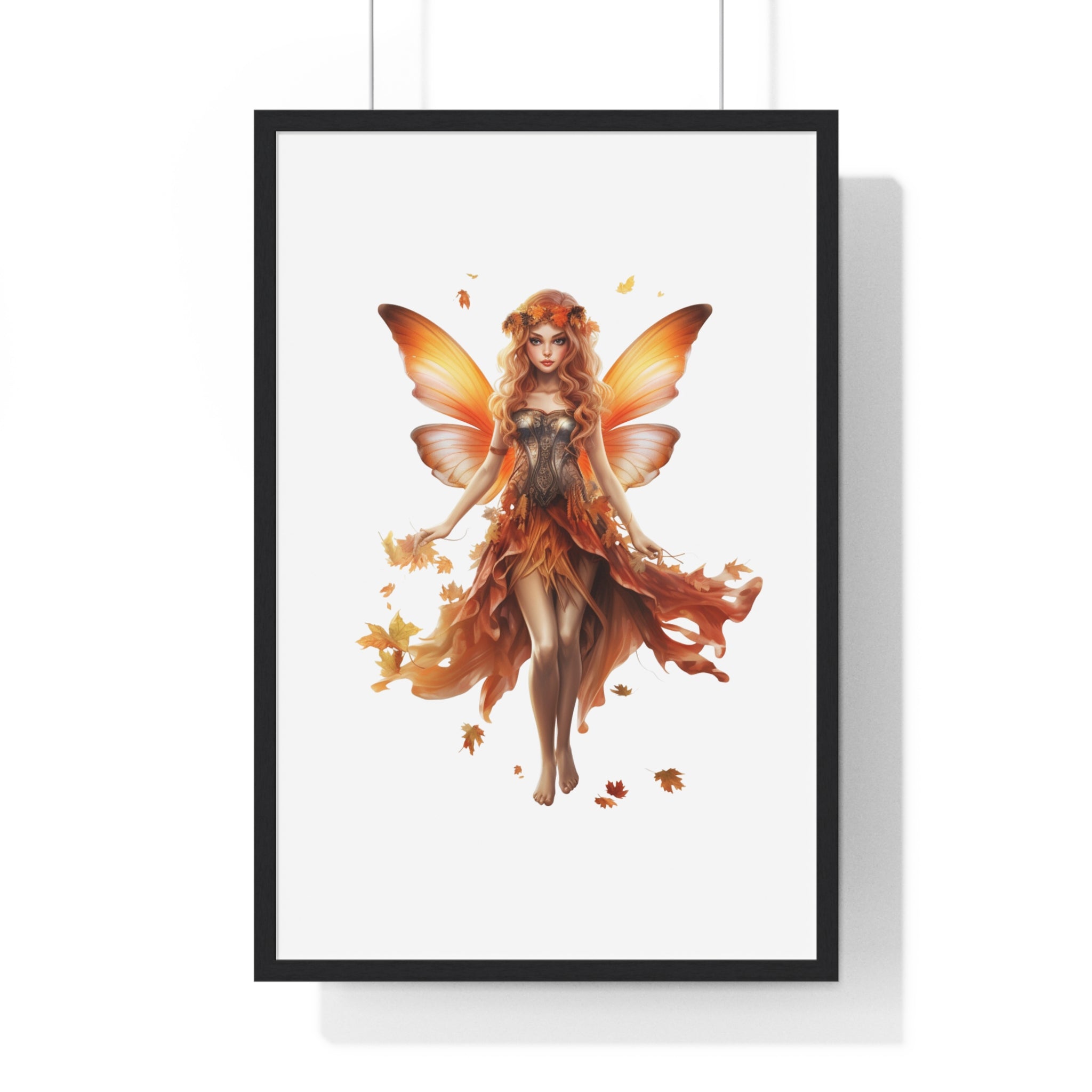 Radiant Autumn Fairy Wall Art – Fantasy Wooden Frame Poster for Fall Home Decor
