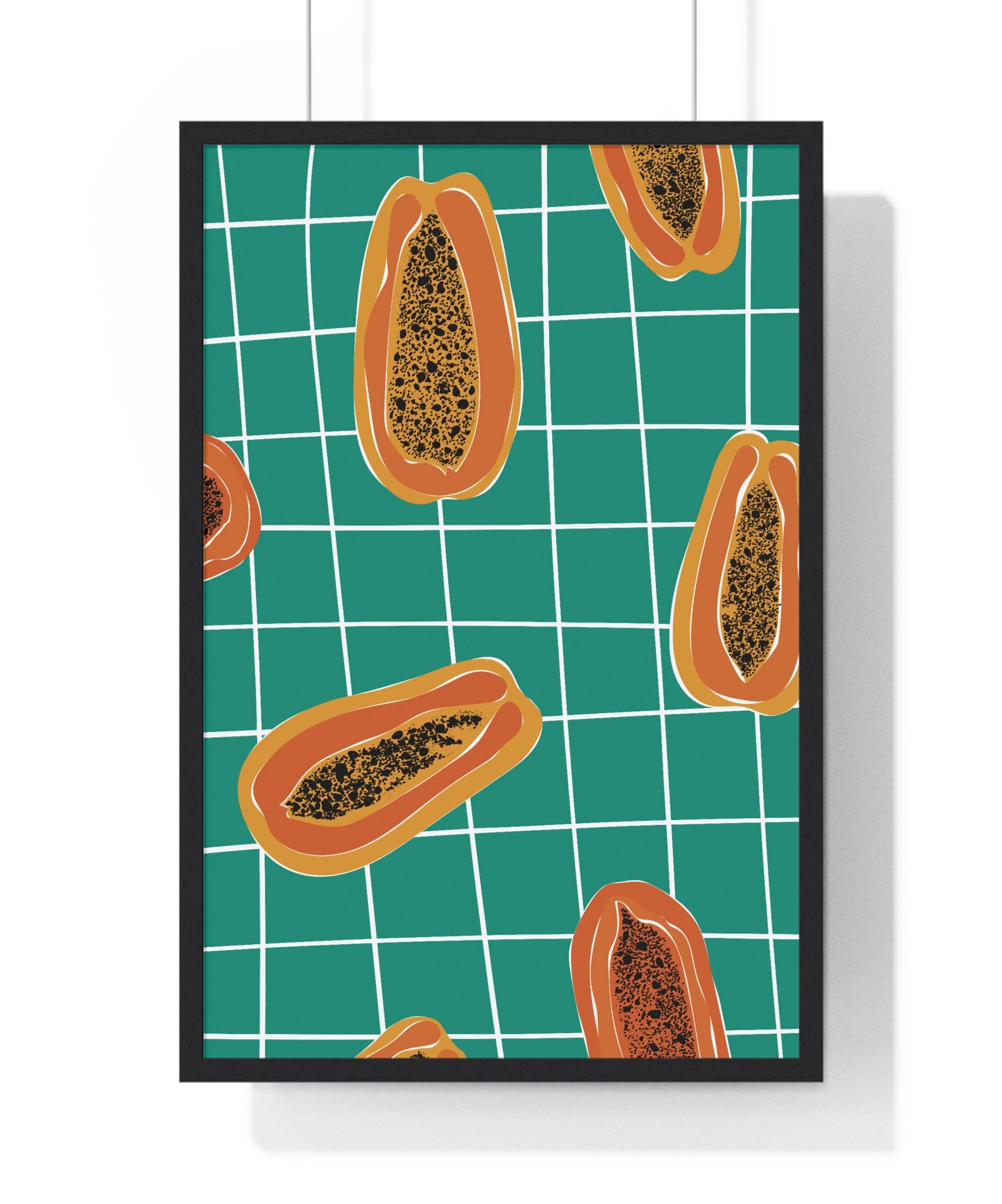 Vibrant Papaya Slices Art on Teal Grid in Premium Wood Frame
