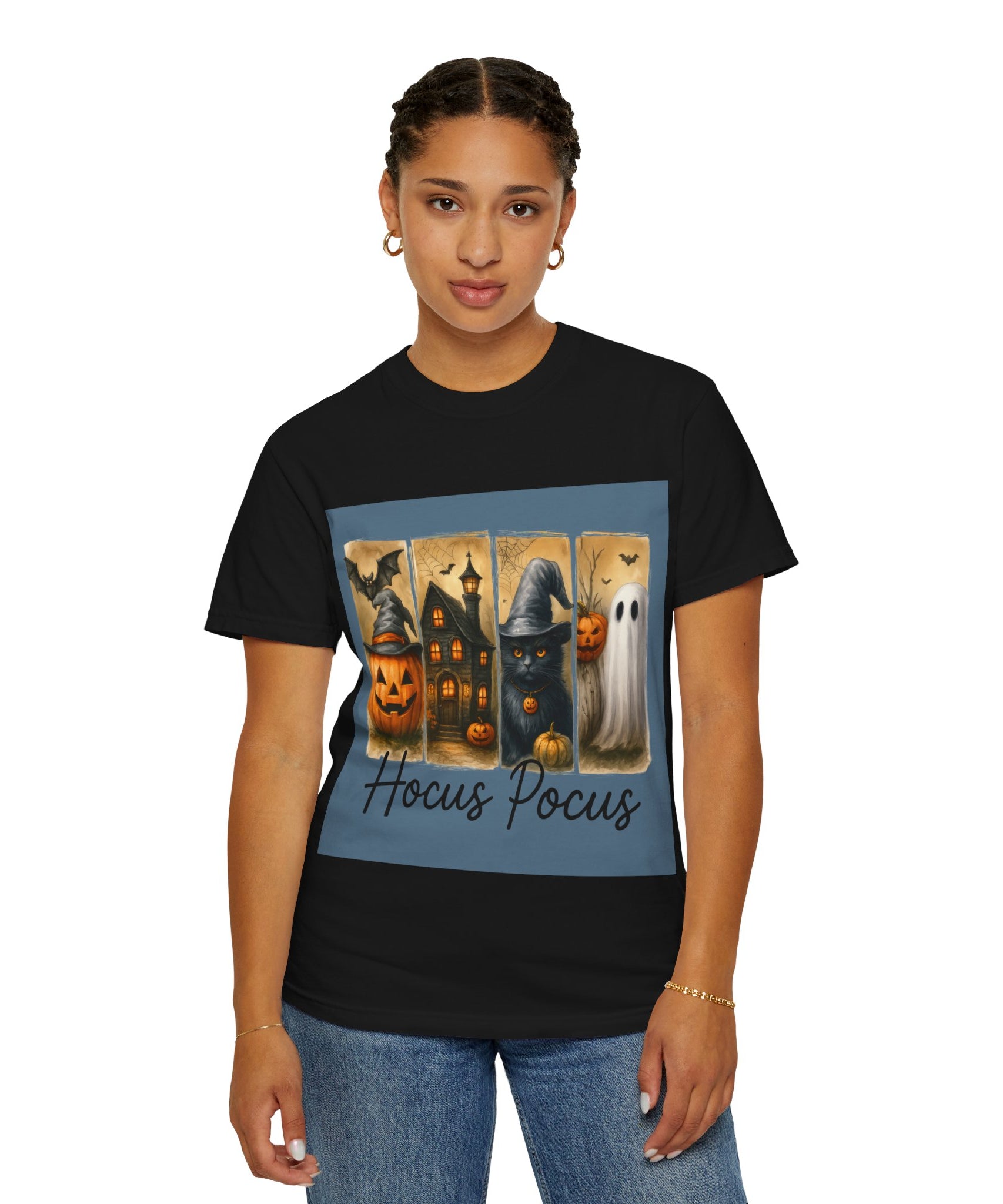 Hocus Pocus Halloween Unisex T-Shirt – Witchy Cat, Haunted House, Pumpkin & Ghost Art - Gallory Hive