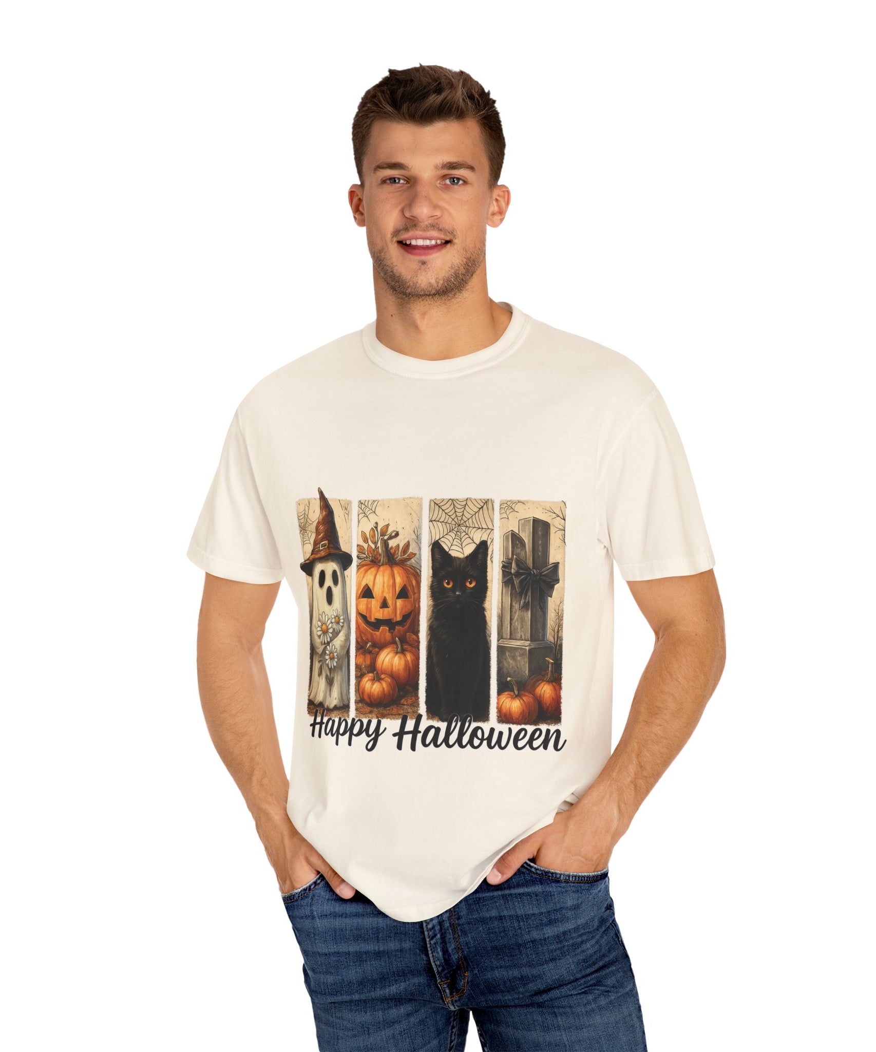 Happy Halloween Unisex T-Shirt – Ghost, Black Cat & Pumpkin Graphic Tee - Gallory Hive