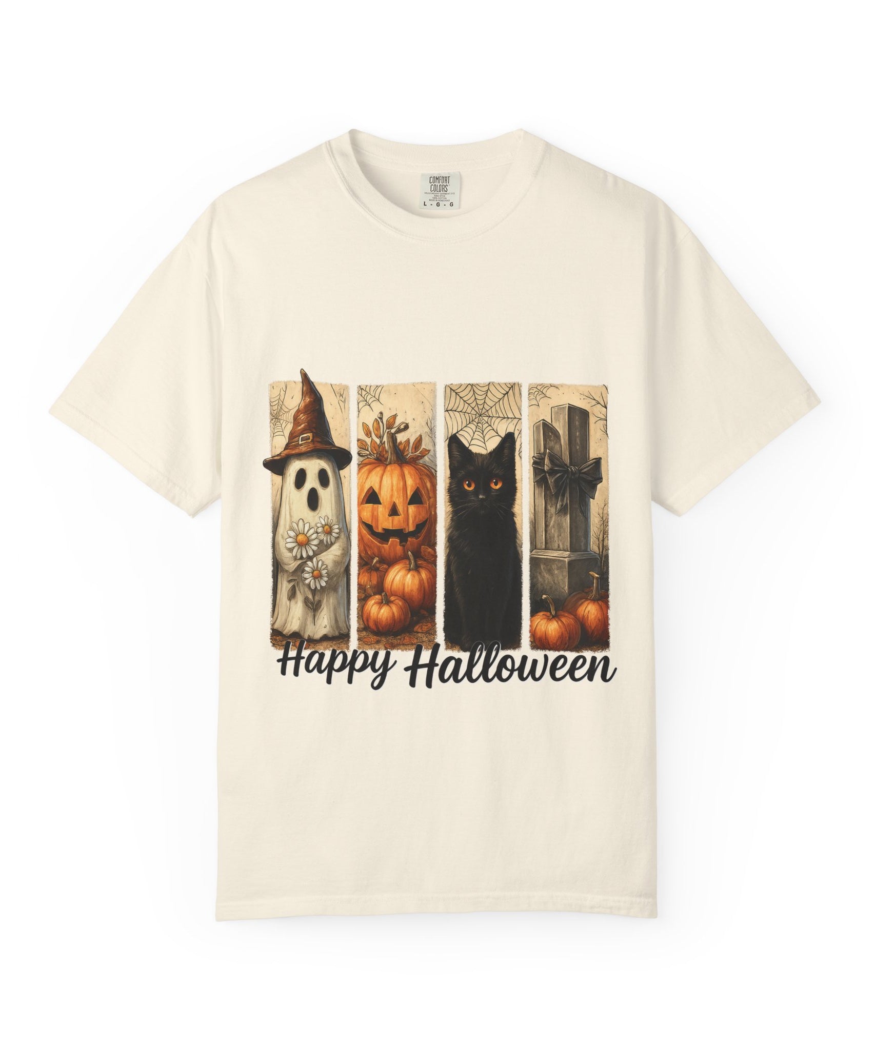 Happy Halloween Unisex T-Shirt – Ghost, Black Cat & Pumpkin Graphic Tee - Gallory Hive
