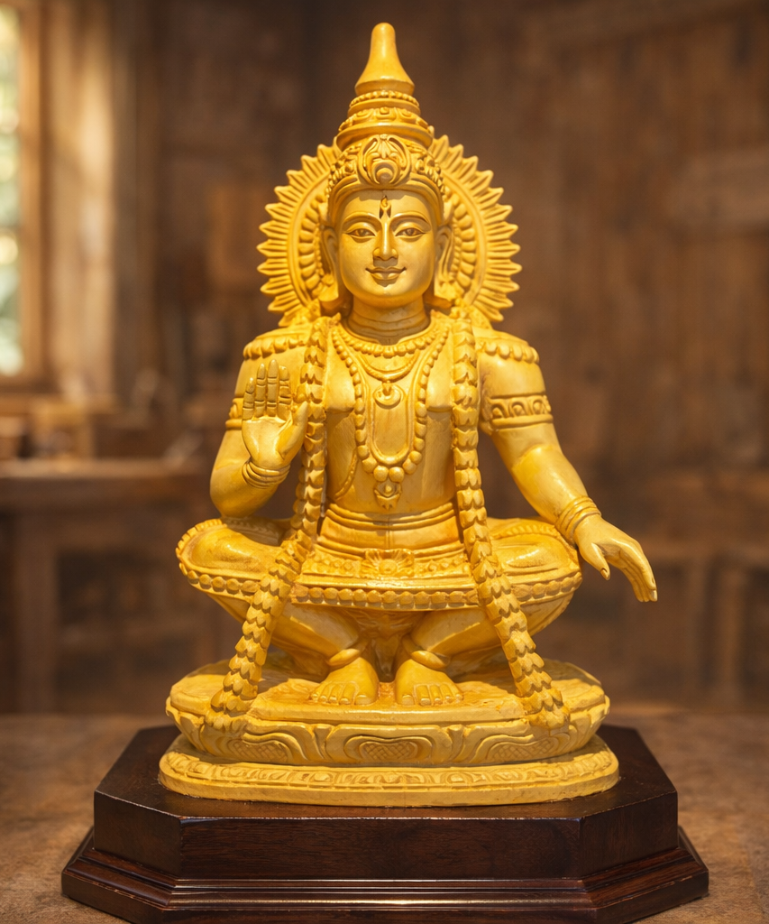 Handmade Sitting Lord Ayyappa Wooden Sculpture | Gallory Hive