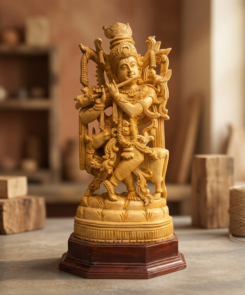 Handmade Standing Krishna with Cow Wooden Sculpture | Gallory Hive