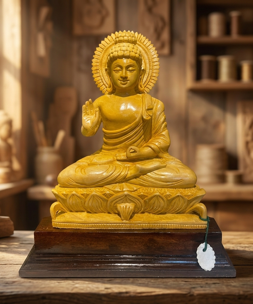 Handmade Sitting Lord Budha Wooden Sculpture | Gallory Hive