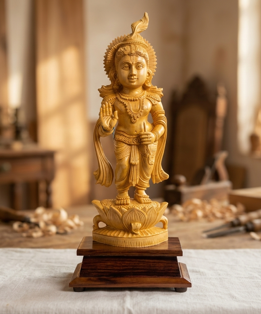Handmade Standing Muralidhar Krishna Wooden Sculpture | Gallory Hive